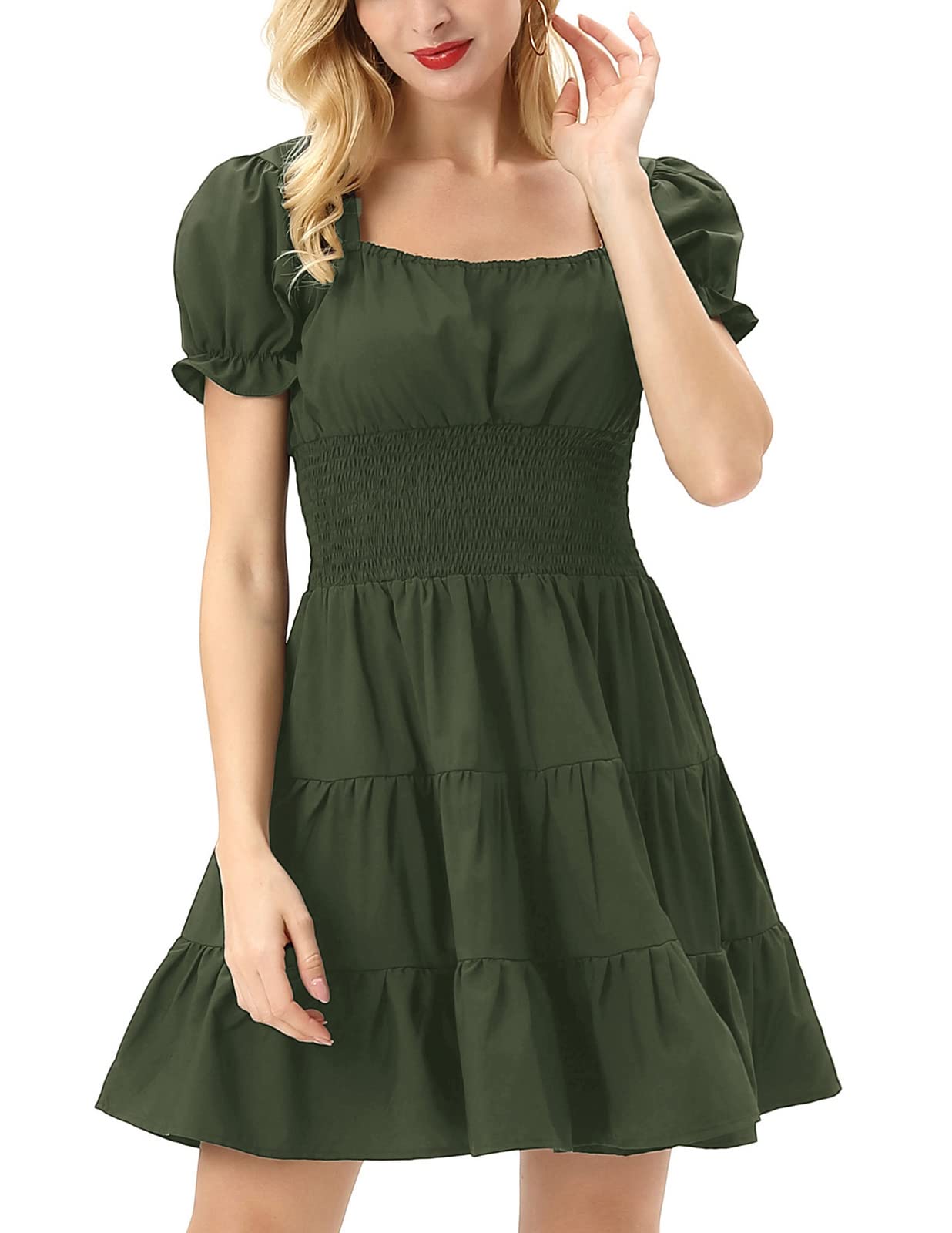 KANCY KOLE Women's Smocked Waist Mini Dress with Square Neck & Bubble Sleeves - Flowy Ruffle Summer Dress for Casual Outings, Beach Vacations & Date Nights (Sizes S-XXL)