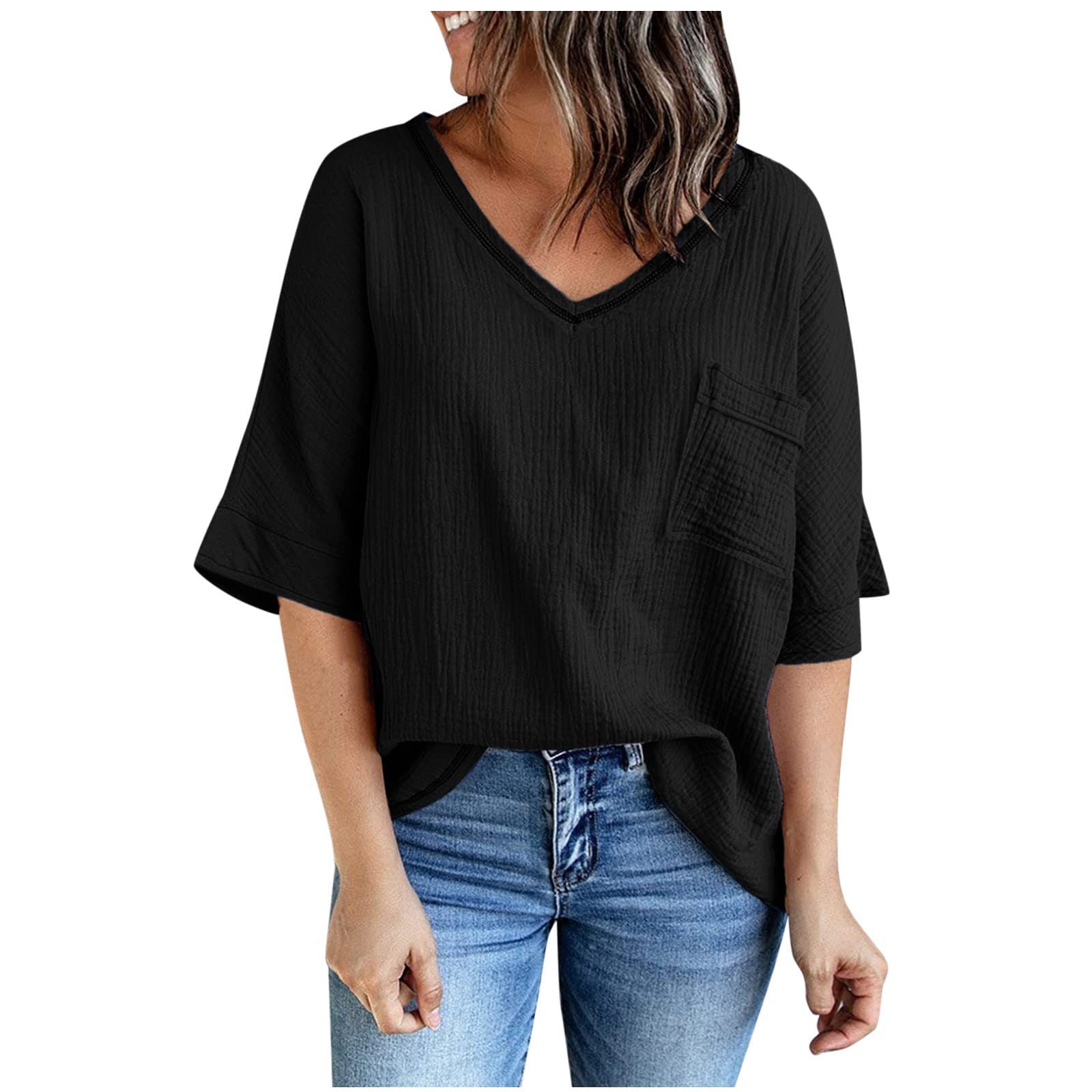 Women's 3/4 Sleeve Linen Shirt - Plus Size Casual V-Neck Summer Top | Breathable & Comfortable Half Sleeve Blouse for Work, Travel & Everyday Wear