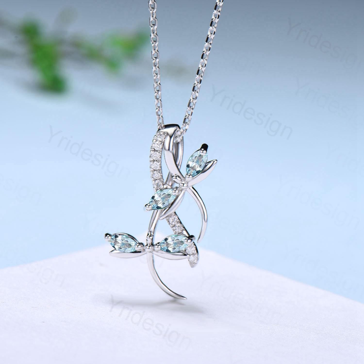 Aquamarine Necklace for Women - March Birthstone Jewelry with Dragonfly Pendant, Nature Inspired Marquise Cut Gemstone, Unique Anniversary Gift for Her - Perfect for Weddings, Birthdays & Special Occasions