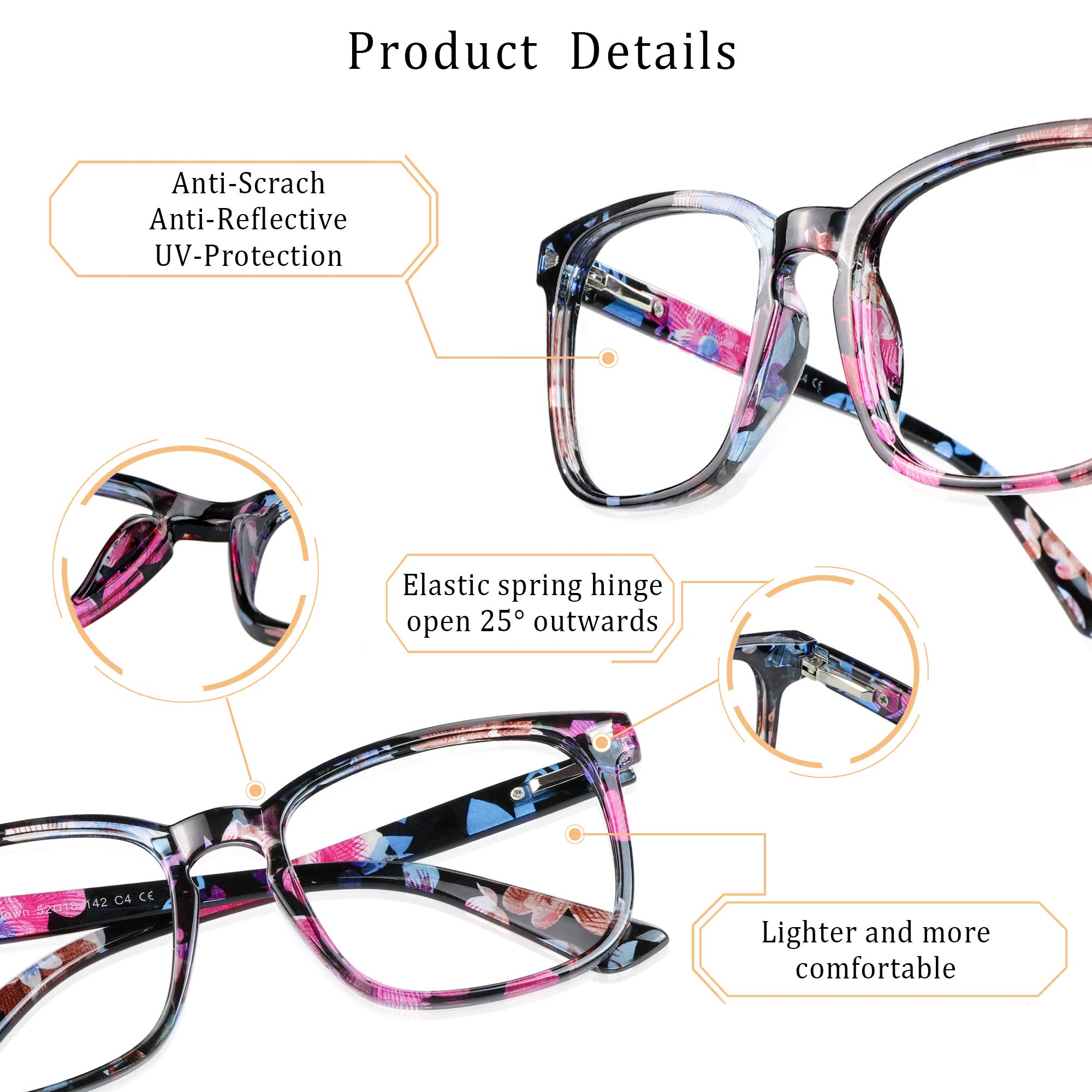 LifeArt Bifocal Reading Glasses with Round Lenses - Blue Light Blocking, Anti Glare Computer Glasses for Women - Gaming, TV & Digital Screen Use (Floral Design, +0.00/+1.75 Magnification)