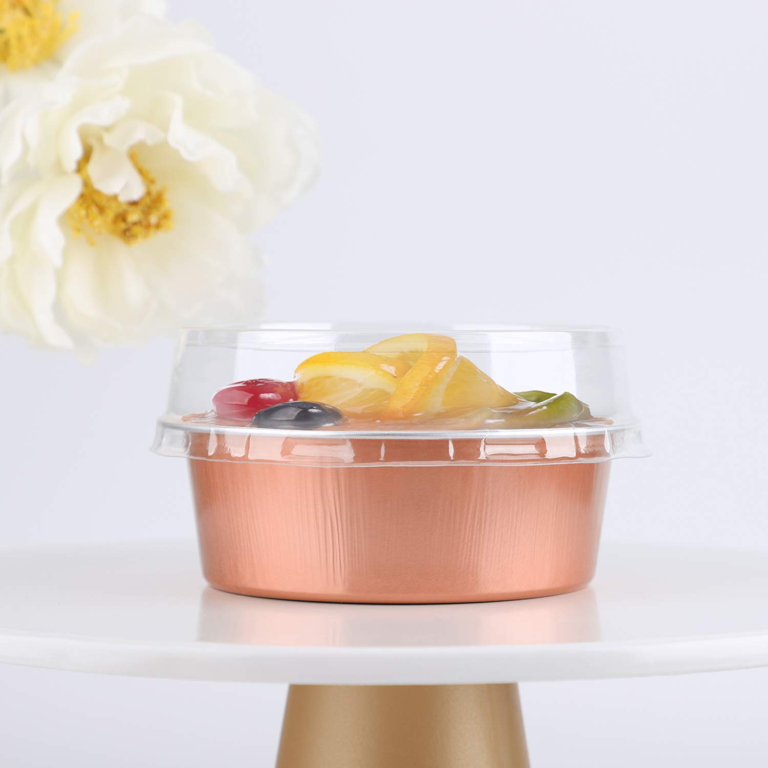 Eusoar 50-Pack 5oz (150ml) Rose Gold Foil Cupcake Cups with Lids - Perfect for Baking Desserts, Flan, Cheesecake & Custard - Ideal for Parties, Catering, Baby Showers & Wedding Favors