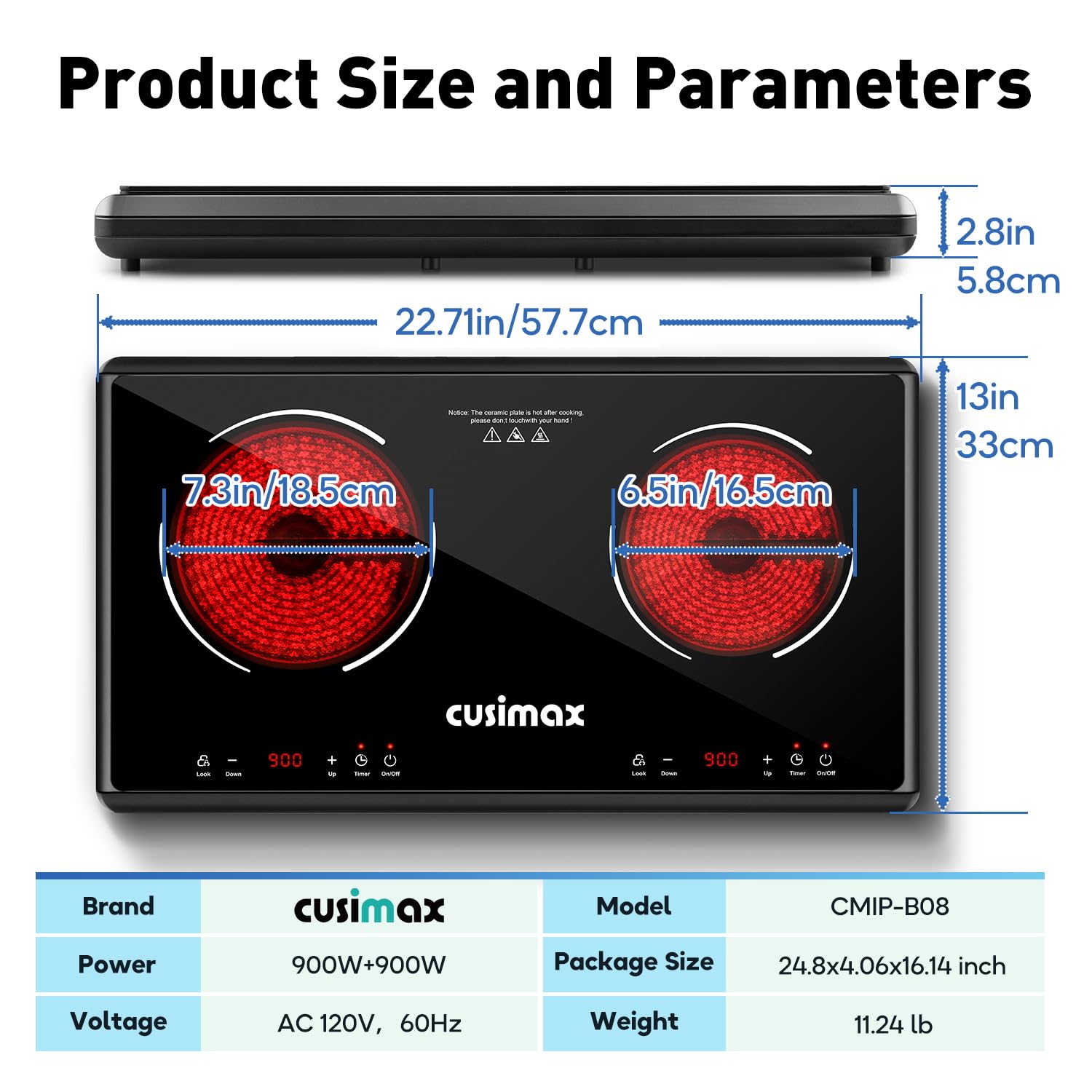 CUSIMAX 1800W Double Infrared Electric Stove - 9 Power Levels, Sensor Touch, Kids Safety Lock & Timer - Ceramic Countertop Hot Plate for Easy Cleaning | Perfect for Kitchen, Dorm, RV & Outdoor Cooking