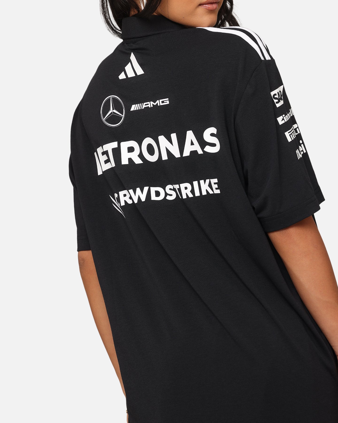 Adidas x Mercedes AMG Petronas F1 2025 Team Polo Shirt - Black & White - Men's Performance Golf & Racing Polo for Motorsport Fans