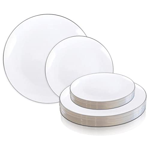 Eco-Friendly Disposable Plastic Plates with Elegant Rim Design - Bulk Round Dinnerware for Wedding, Birthday Party, Picnic & All Special Occasions (White & Silver Combo Set, 120-Pack) - Perfect for Outdoor Events, Catering & Large Gatherings