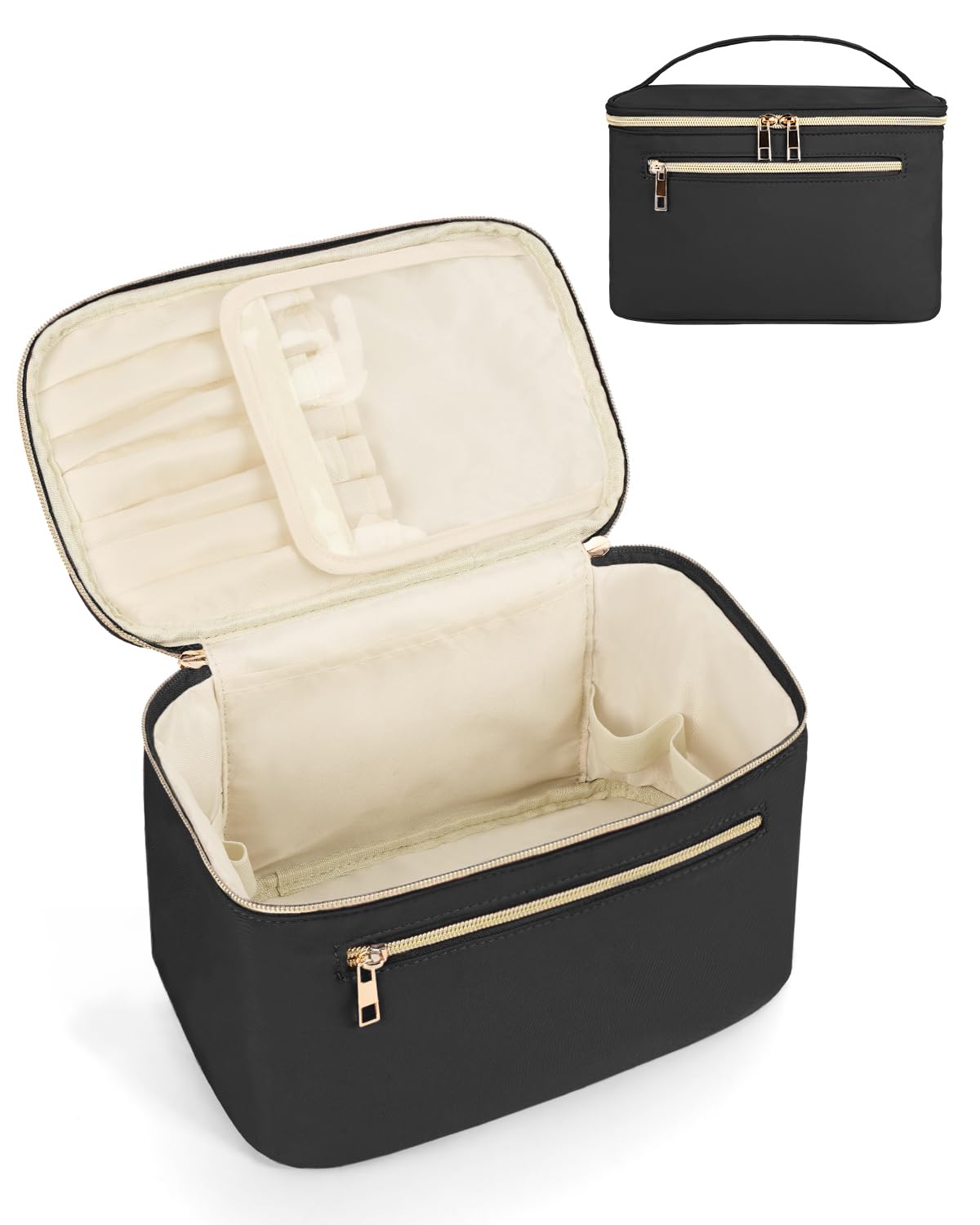 Wandering Nature Large Makeup Bag for Women - Travel Cosmetic Organizer with Brush Holder, Fabric Makeup Case in Black (Patent Pending) - Perfect for Travel, Gym & Daily Beauty Storage