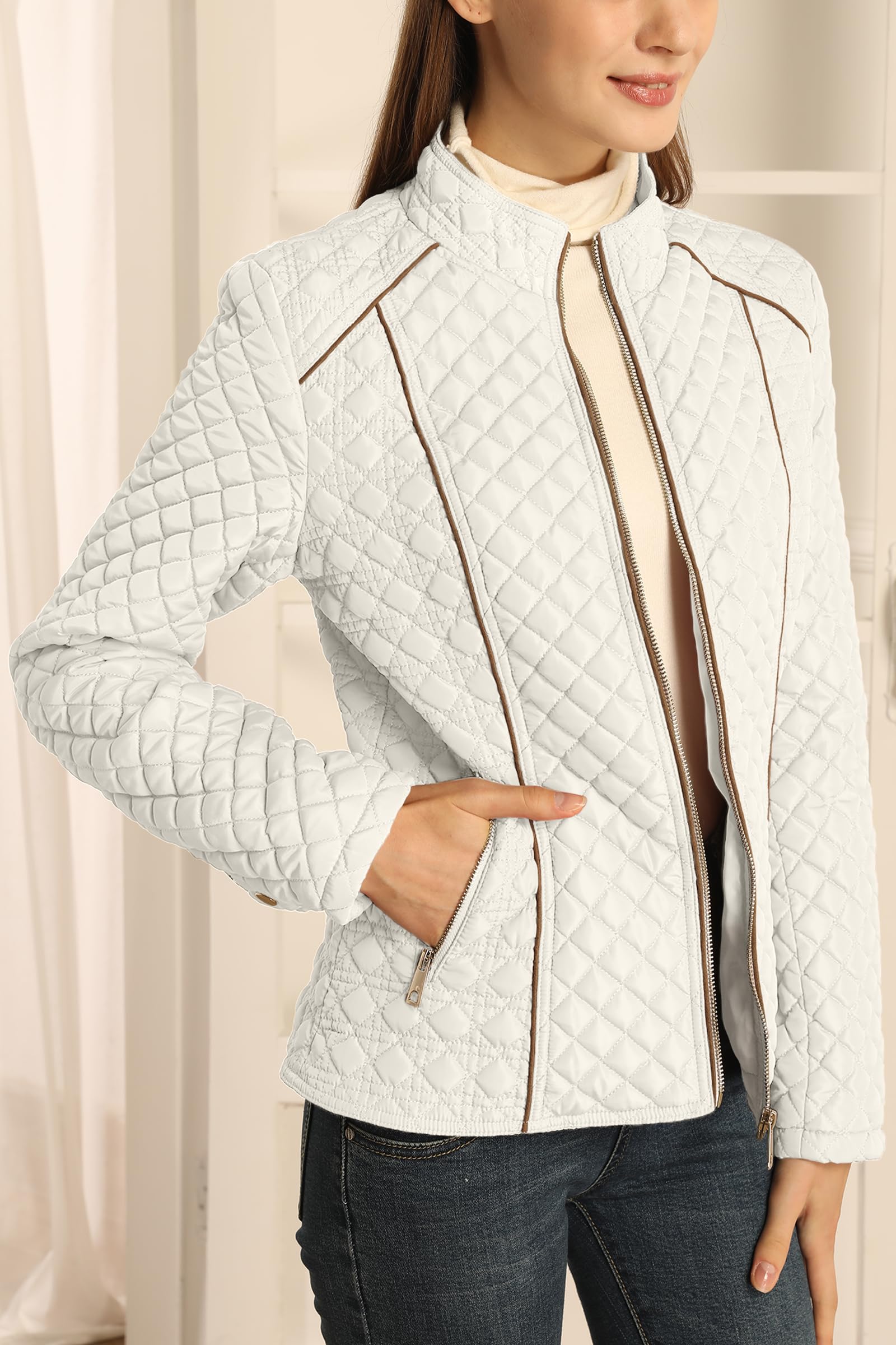 Bellivera Women's Lightweight Quilted Puffer Jacket - Stand Collar Zip-Up Coat for Spring & Winter | Casual Outerwear for Daily Wear, Travel & Outdoor Activities