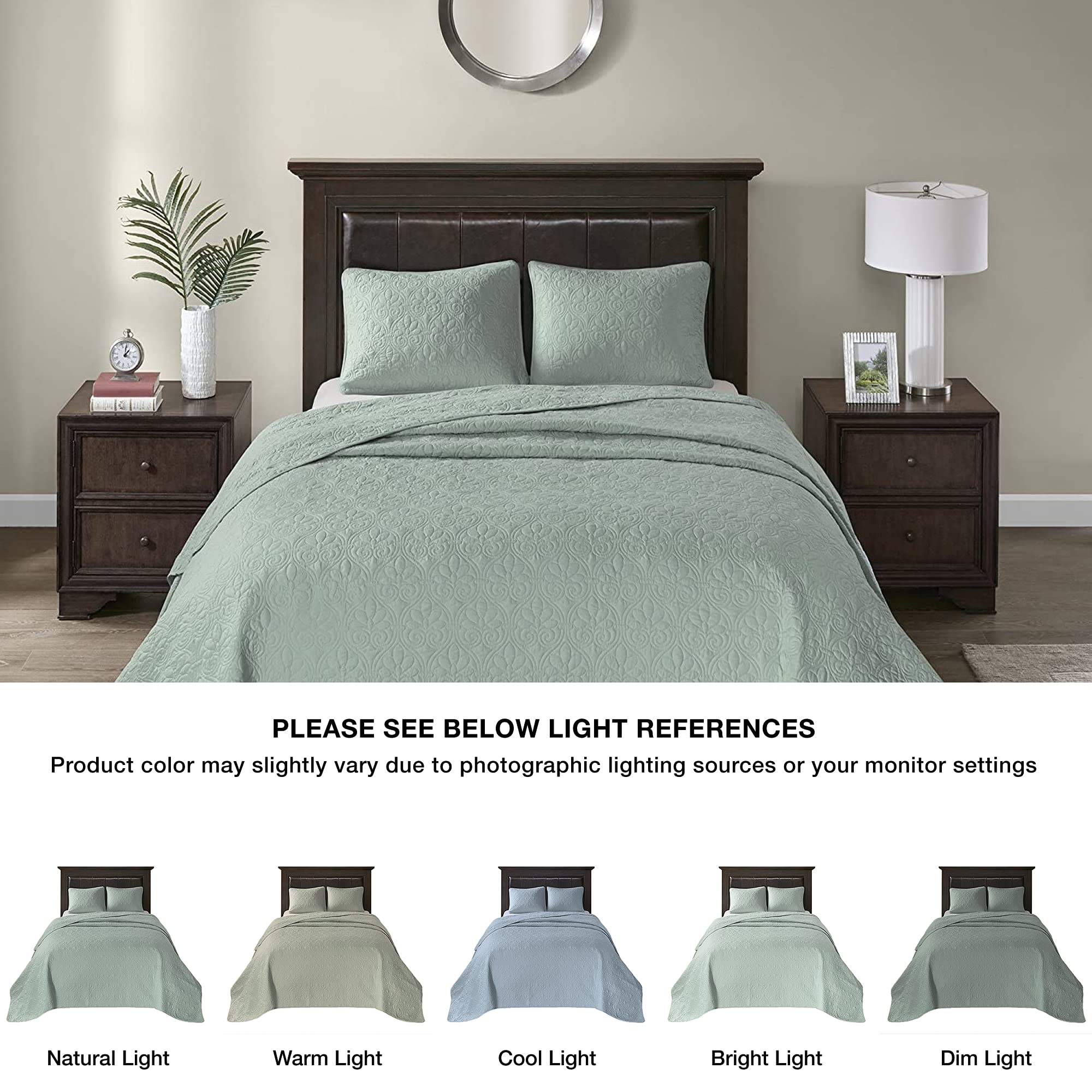 Madison Park Quebec King Size Quilt Set - Ultra Soft Microfiber Bedding, 3-Piece Seafoam Damask Pattern - Perfect for Master Bedroom, Guest Room & Cozy Home Decor