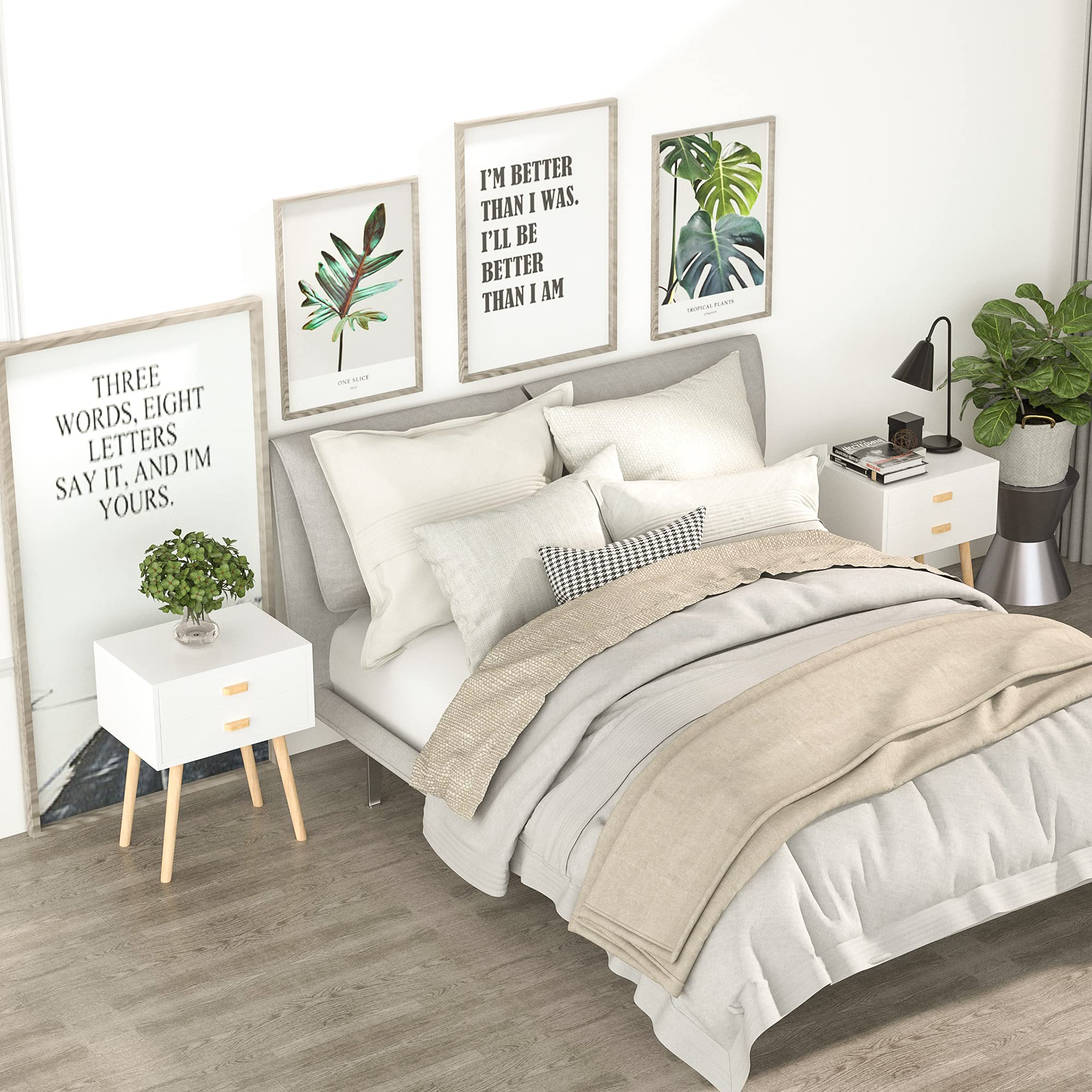 Modern Night Stands Set of 2 - Wooden Mid-Century Bedside Tables with Drawers & Storage | White Accent End Tables for Bedroom | Perfect for Small Spaces, Guest Rooms & Apartment Living