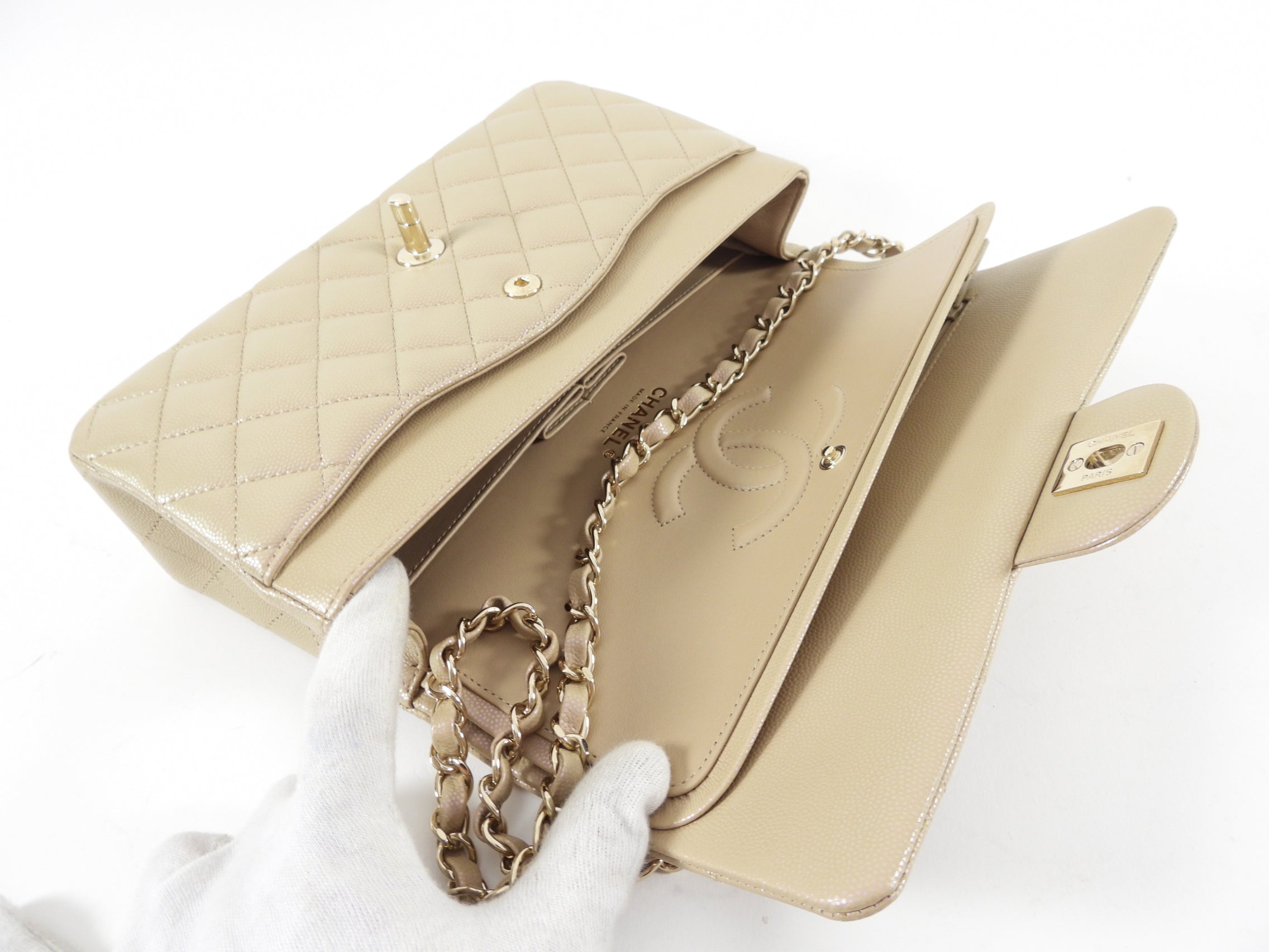 Chanel 21S Beige Iridescent Classic Medium Double Flap Caviar Gold Hardware Bag - Luxury Handbag for Women, Perfect for Parties & Special Occasions