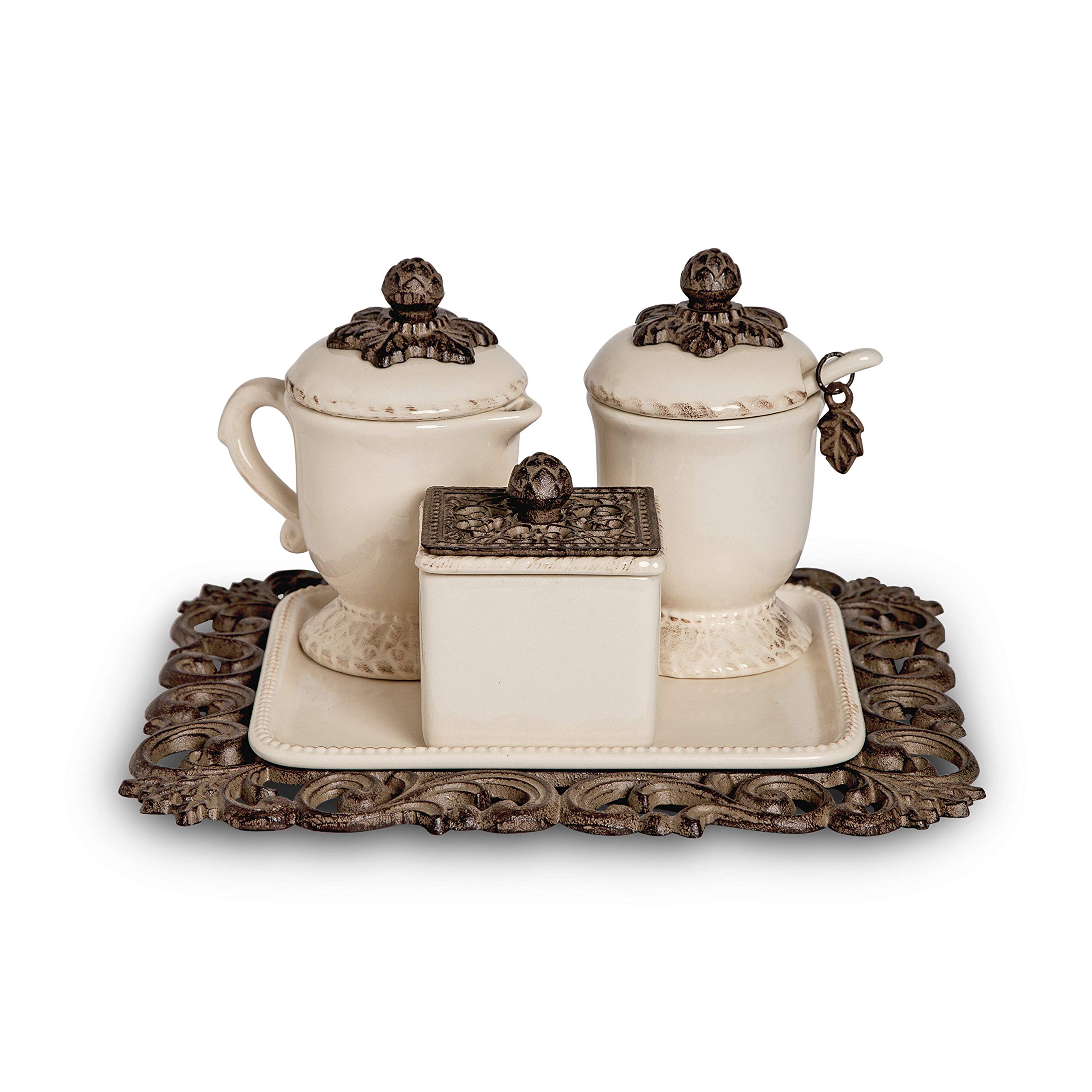 Acanthus Leaf Sugar Bowl and Creamer Set with Sweetener Box on Elegant Tea Tray - 4 Piece Vintage Tea Service for Afternoon Tea, Coffee Break & Home Decor