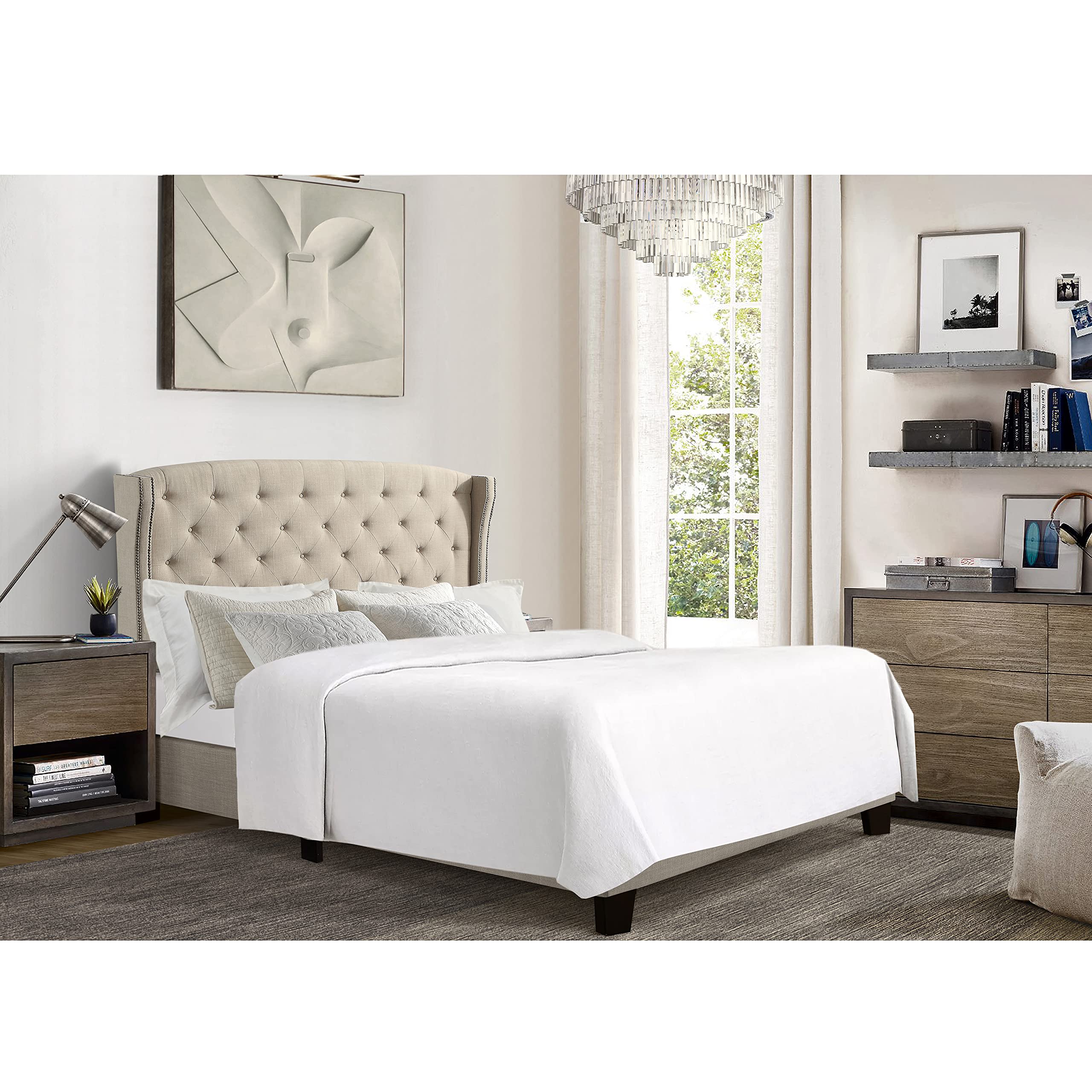 Rosevera Essential Wingback Platform Bed Frame with Tufted Headboard - Full Size, Beige Fabric Upholstery & Wood Slat Support - Easy Assembly for Bedroom, Guest Room or Dorm Decor