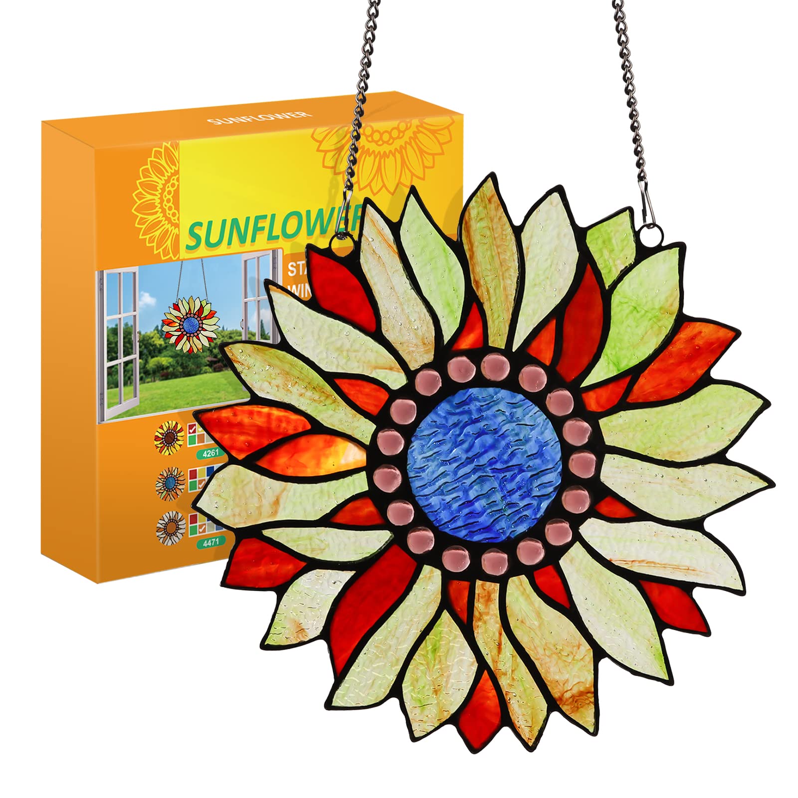 Handmade Tiffany Style Sunflower Stained Glass Suncatcher - Large Size Window Hanging Decor for Home, Office & Garden - Perfect Gift for Family & Friends | Sunlight Catcher for Windows, Doors & Patios