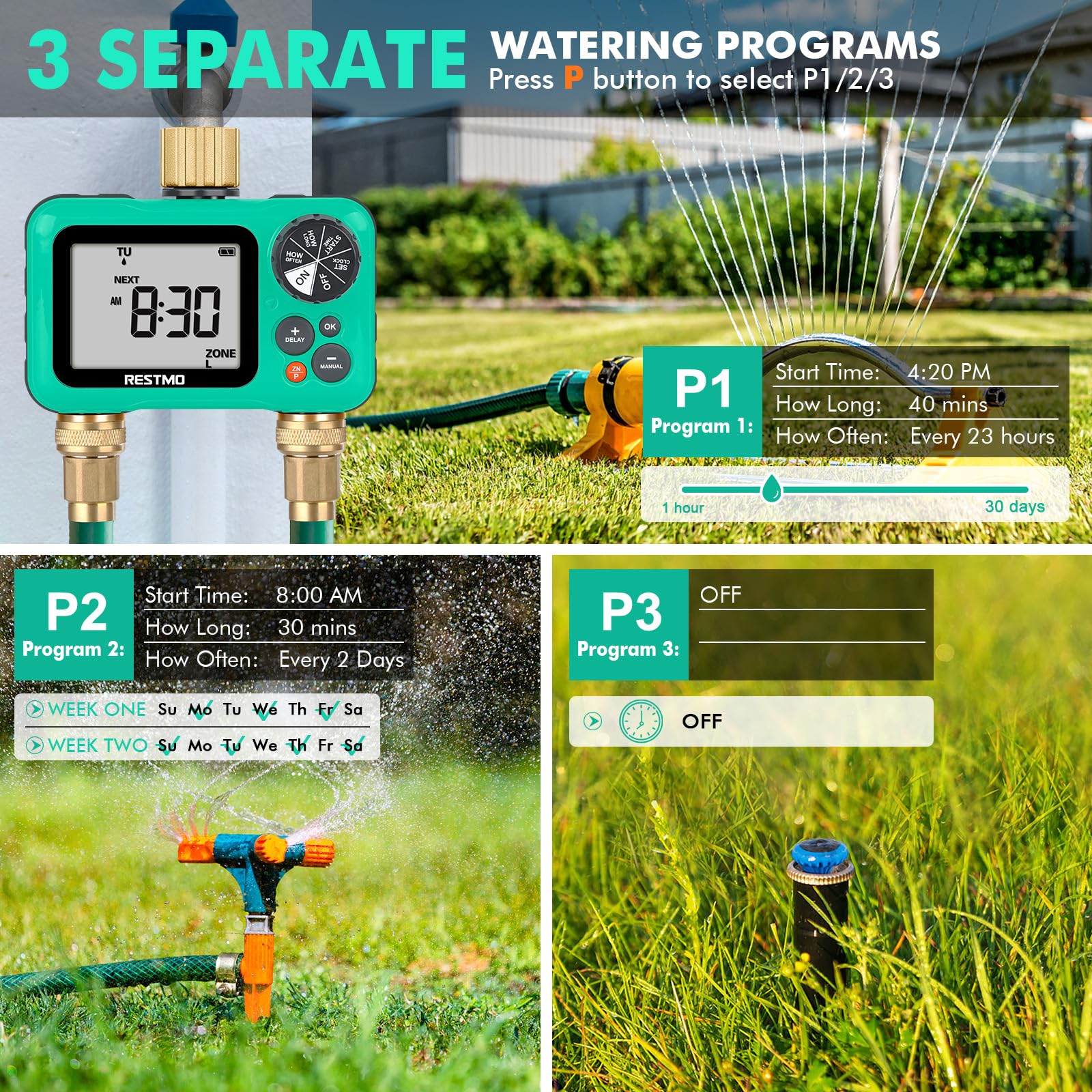 RESTMO Sprinkler Timer with Brass Inlet & Outlet - 2 Zone Programmable Garden Hose Water Timer with 3 Separate Programs | Manual/Rain Delay/Automatic Watering for Drip Irrigation, Lawn & Outdoor Plants | Perfect for Backyard, Garden & Landscape Watering Systems