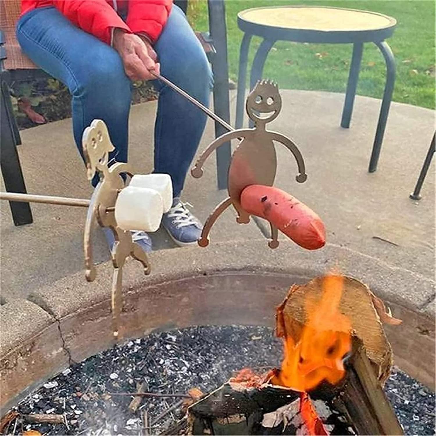 RONHIAS Stainless Steel Hot Dog & Marshmallow Roaster - Fun Human-Shaped Campfire Grill Sticks for BBQ Parties | Novelty Barbecue Tools Set with 2 Forks | Perfect for Backyard Grilling, Camping Trips & Outdoor Picnics