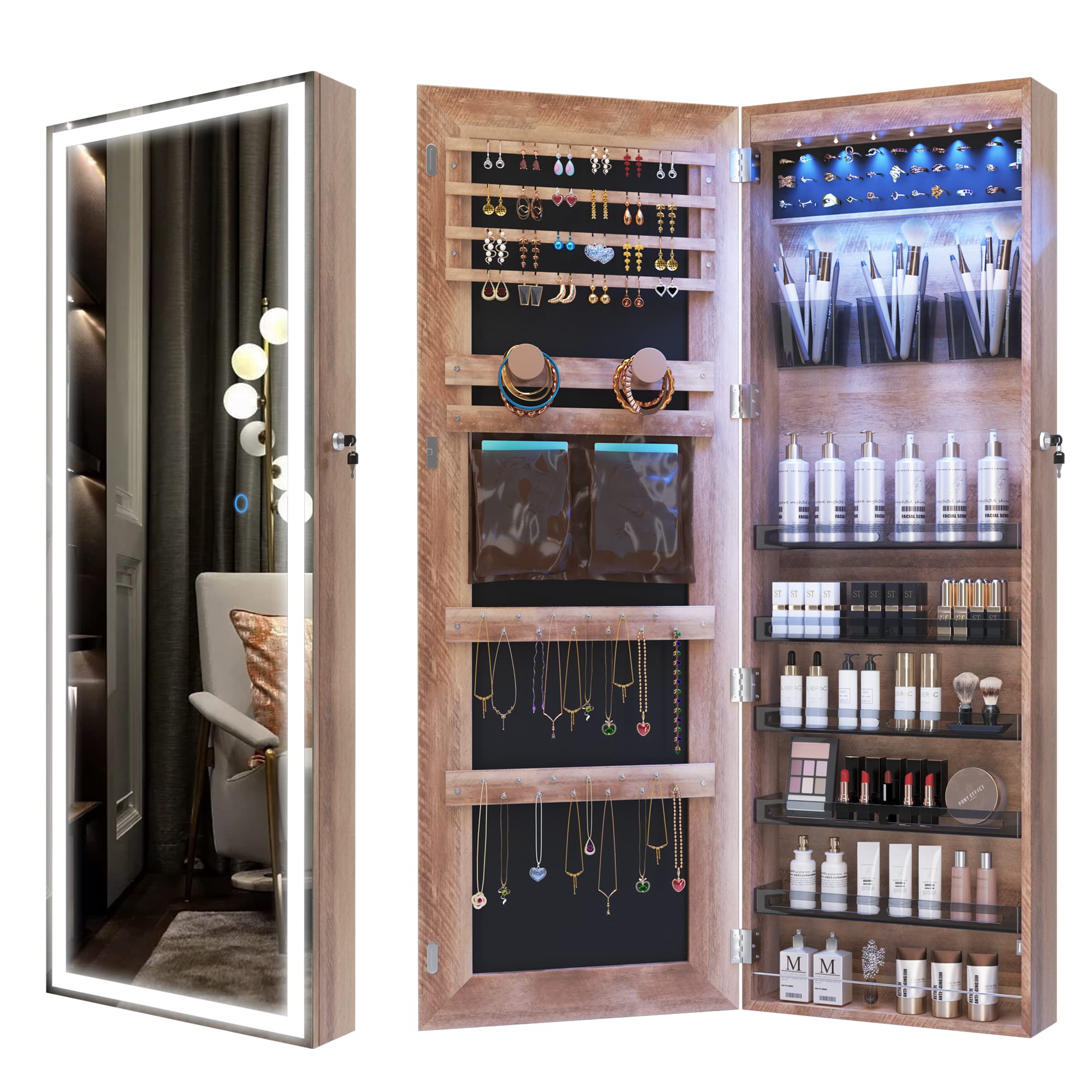 LVSOMT LED Jewelry Cabinet Armoire with Full Length Mirror - Wall/Door Mounted Lockable Storage Organizer with Lights, Over the Door Hanging Dressing Mirror (Wood) - Perfect for Bedroom, Closet & Vanity Organization