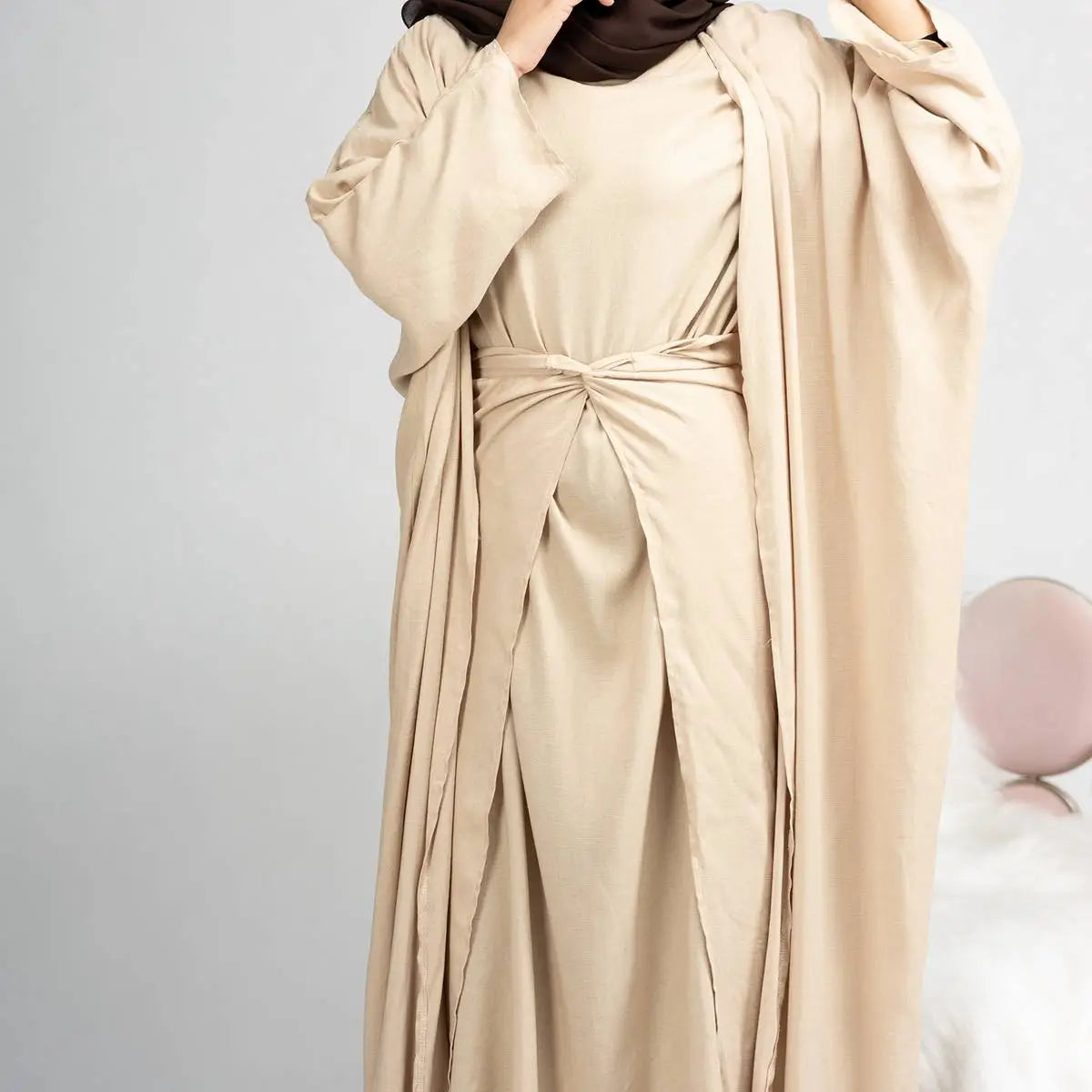4 Piece Muslim Open Abaya Dress Set with Scarf - Modest Islamic Prayer Outfit for Women, Elegant Loose Flowing Abaya with Mid Wrap & Inner Dress - Perfect for Mosque, Eid, Ramadan & Special Occasions