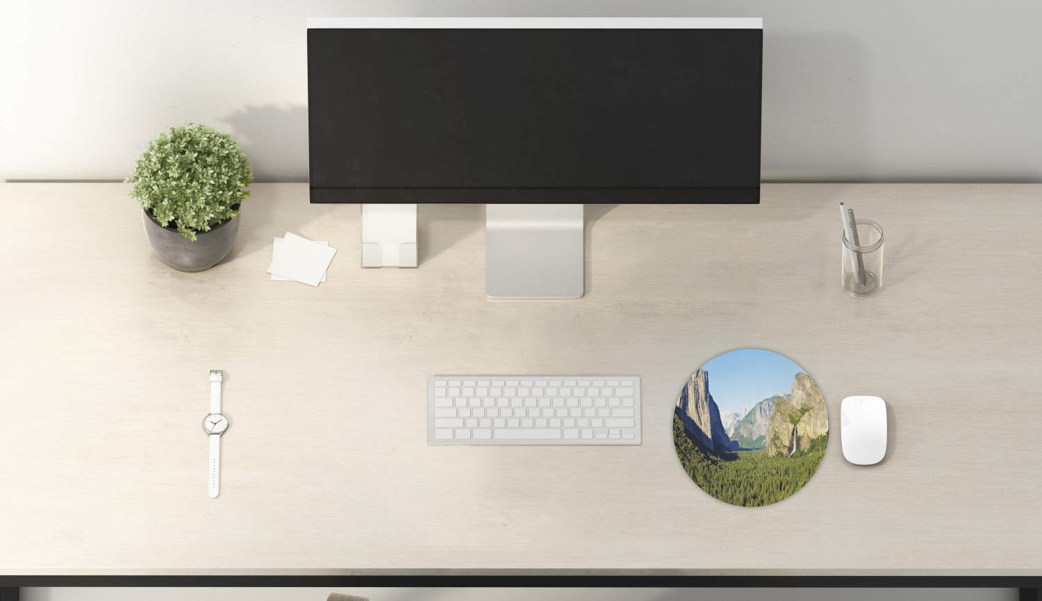 Ambesonne Yosemite Computer Mouse Pad - El Capitan Half Dome & Bridalveil Fall Landscape Print, Non-Slip Round Gaming Mousepad, 8 Inch, Olive Green & Sky Blue - Perfect for Office, Gaming & Home Use