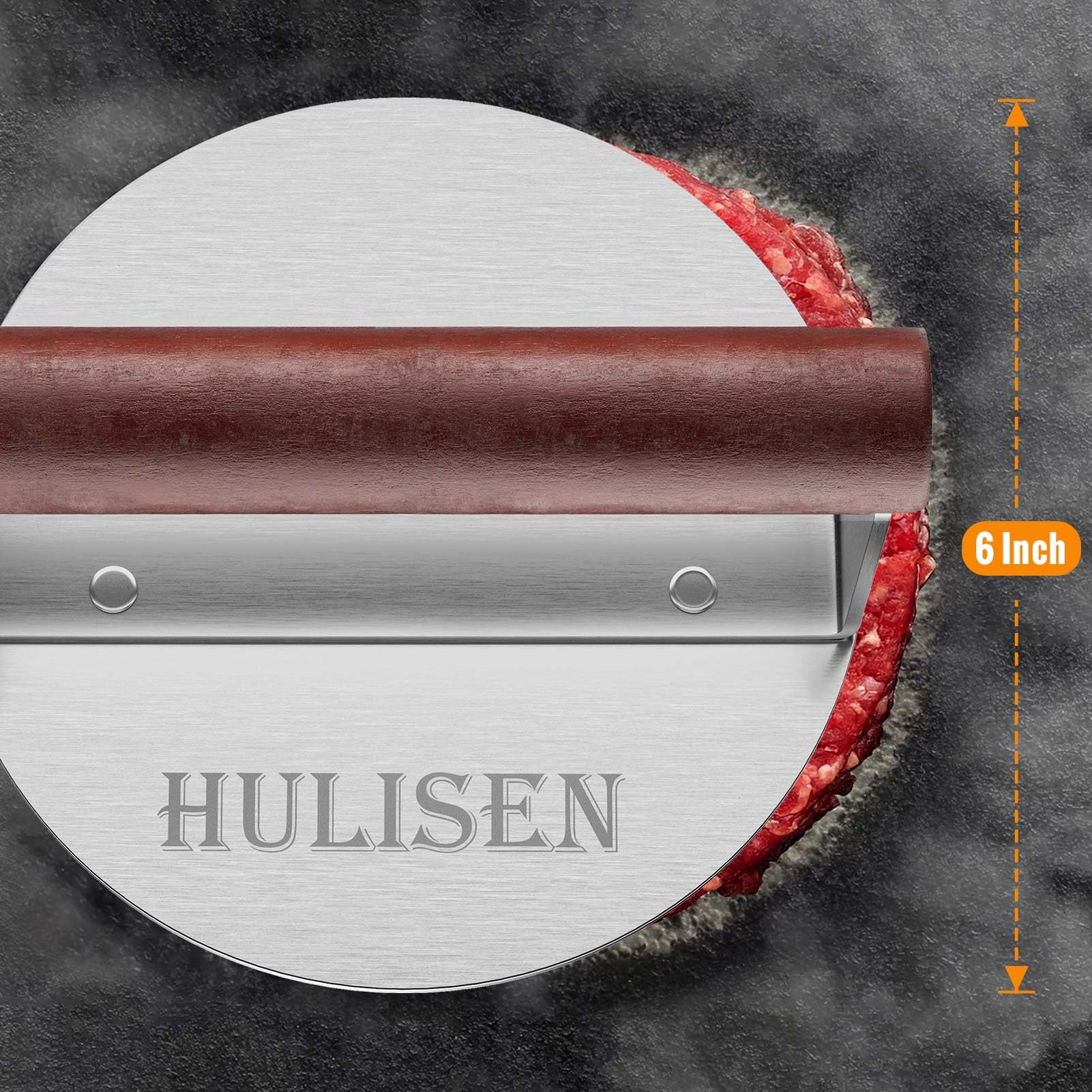 **HULISEN 6 Inch Stainless Steel Burger Smasher - Heavy Duty Hamburger Press with Wood Handle for Griddle & BBQ - Perfect for Smashed Burgers, Grilling, and Outdoor Cooking (1.24 lb, Gift Wrapping Included)**