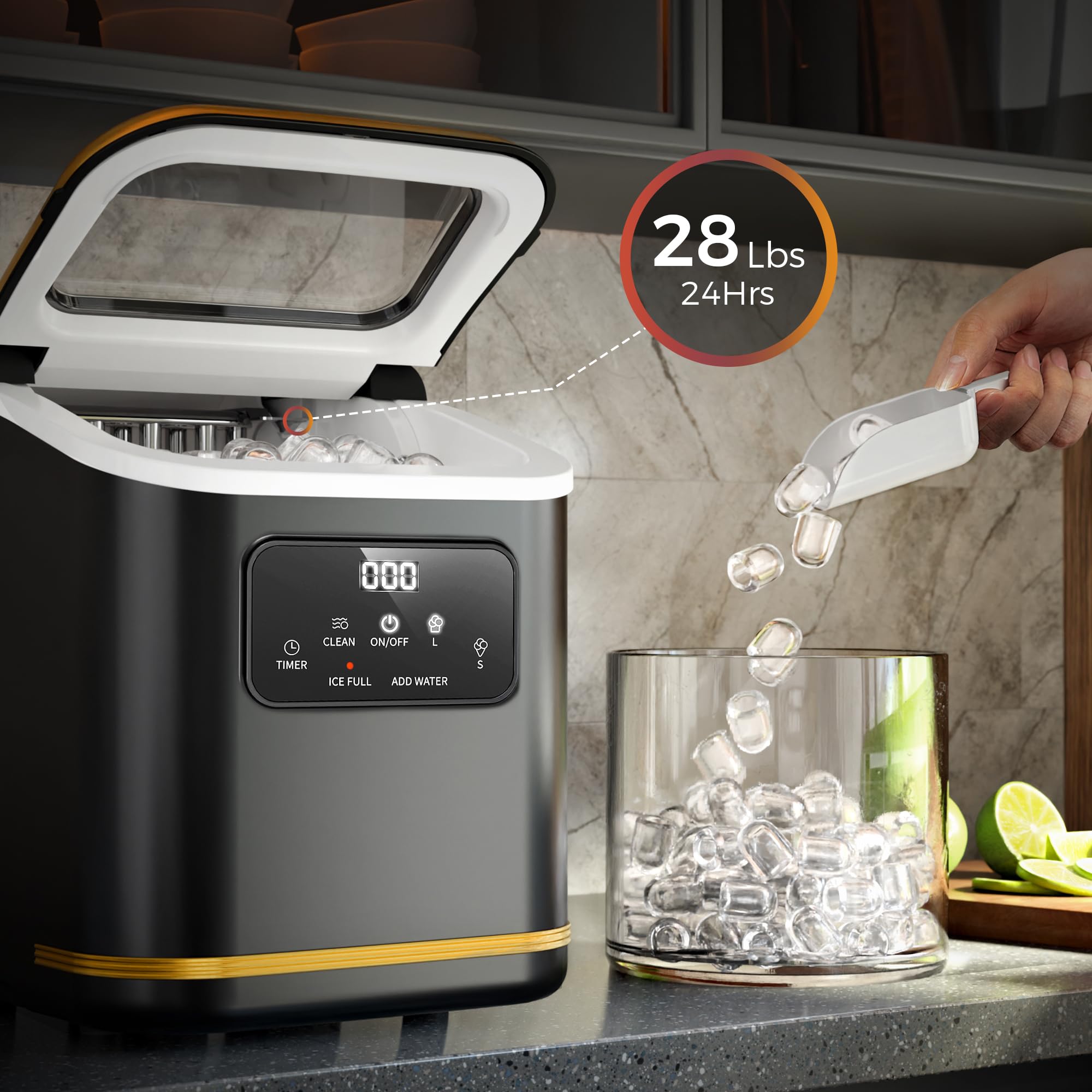 Kismile 28lbs/24Hrs Portable Countertop Ice Maker with LED Screen & Self-Cleaning - Compact Ice Machine for Home, Kitchen, RV, Office & Outdoor Use (Black)