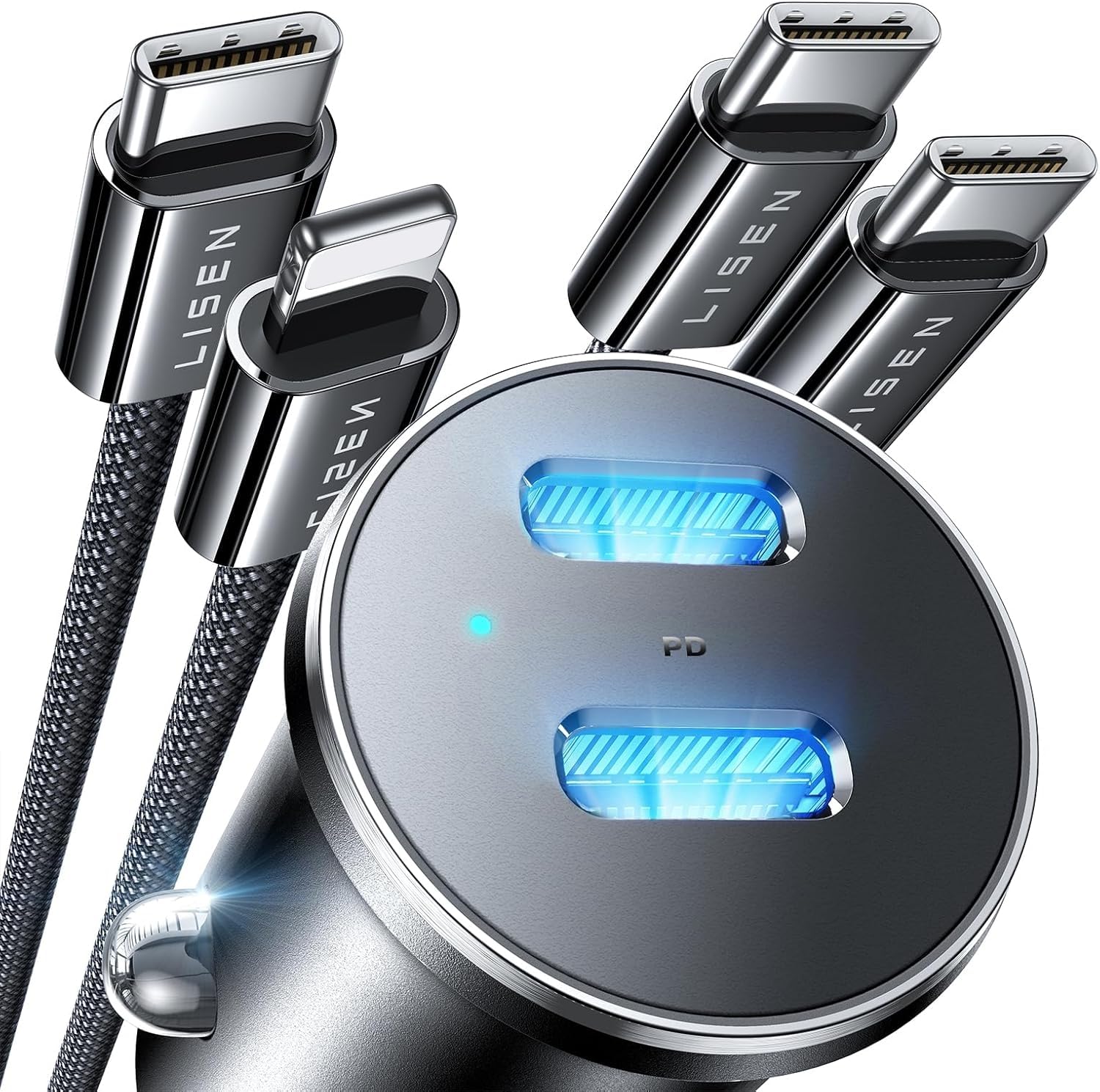 LISEN 90W USB C Car Charger Fast Charging - Dual Port PD 45W Cigarette Lighter Adapter with USB C & Lightning Cable for iPhone 16/15/14/13/12, Samsung Galaxy, iPad - Super Fast Charging for Road Trips & Commuting