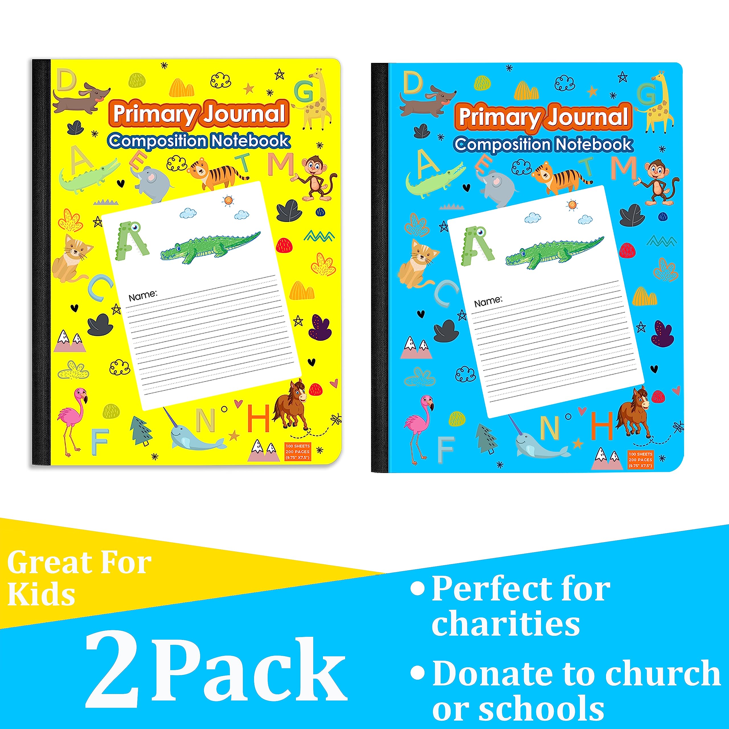 Primary Journal Composition Notebooks for Kids - 2 Pack ABC & Animal Print Writing Notebooks, 100 Sheets/200 Pages, 9.75