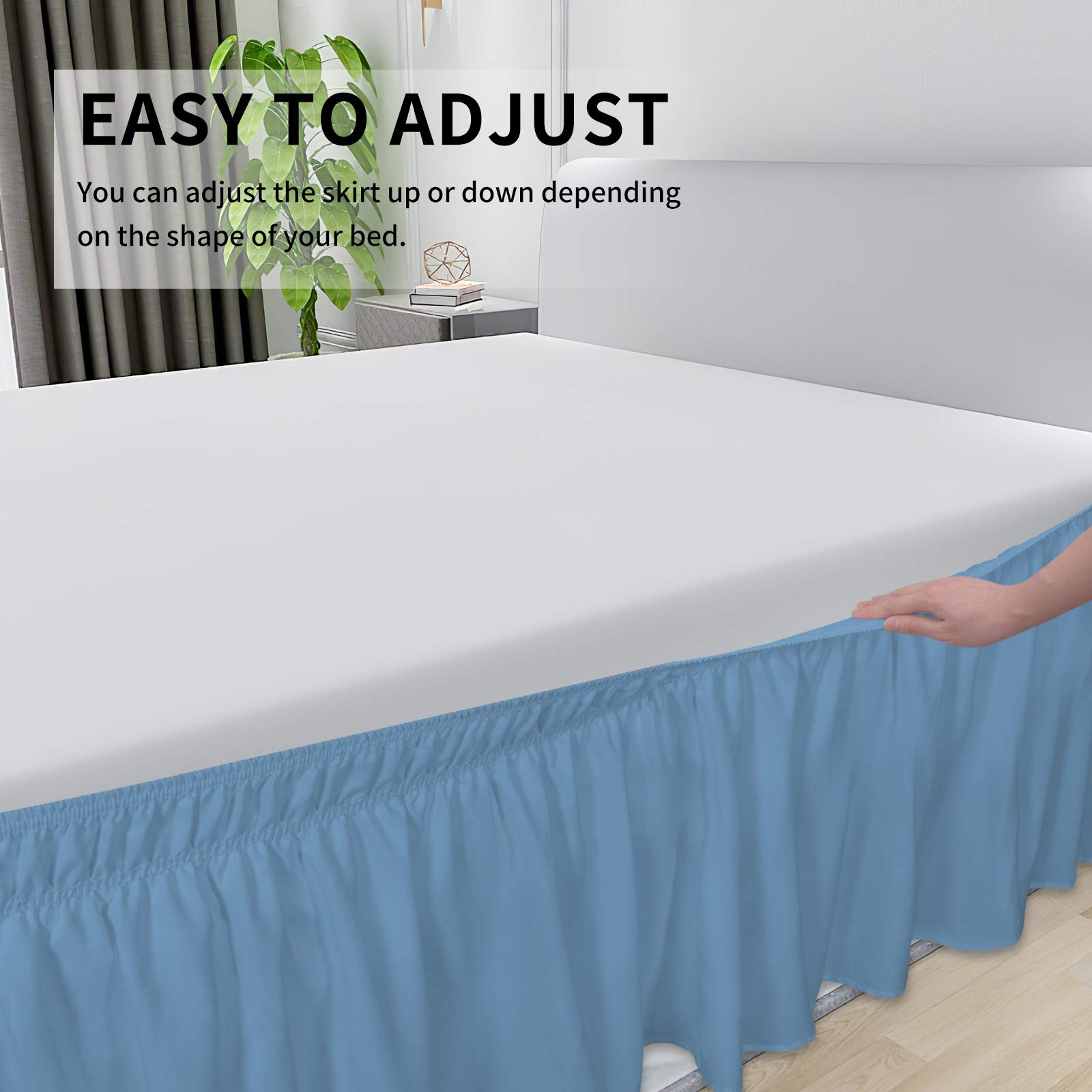 16 Inch Drop Light Blue Elastic Wrap Around Bed Skirt for Queen Size Beds - Wrinkle & Fade Resistant Silky Luxurious Fabric, Easy Fit Machine Washable Dust Ruffle - Perfect for Master Bedrooms, Guest Rooms & Hotel Decor