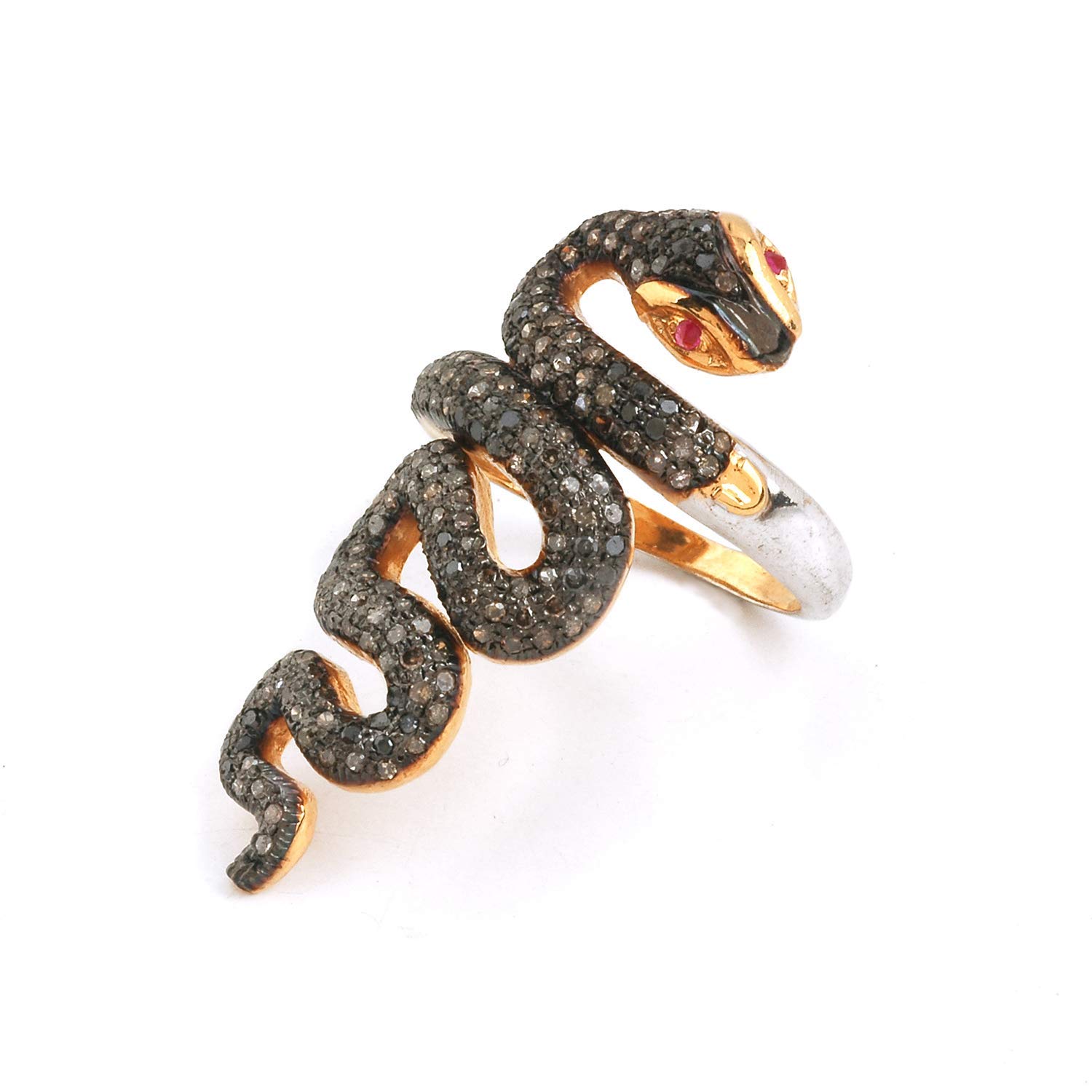 Handmade Black Brown Snake Ring with 1 Carat Natural Brown Diamond & Deep Ruby - I2-I3 Clarity Women's Jewelry for Weddings, Anniversaries & Special Occasions