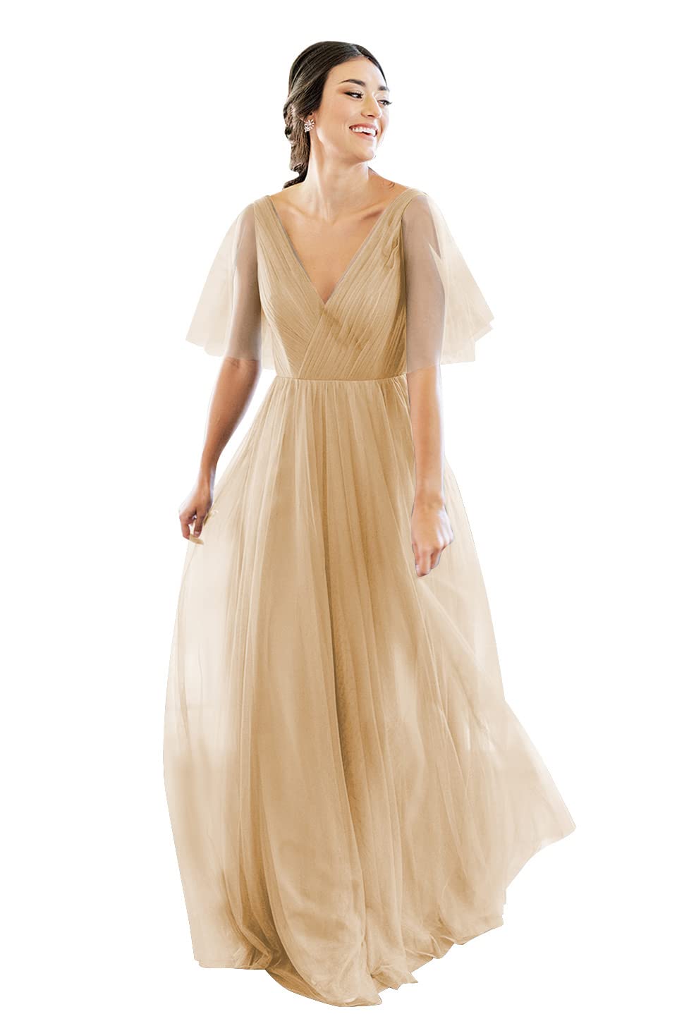 Elegant V-Neck Short Sleeve Tulle Bridesmaid Dress for Women - Backless Long Formal Gown for Wedding, Prom & Special Occasions