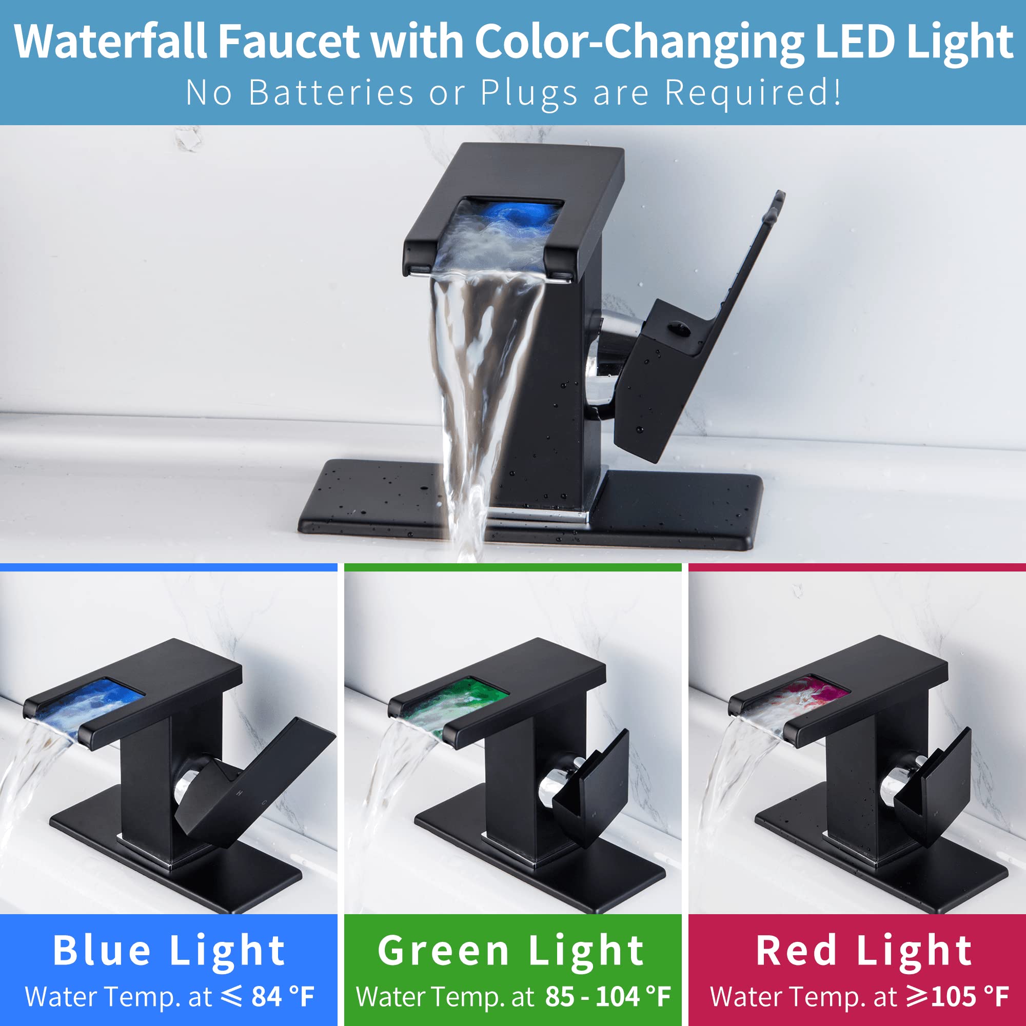 Black Waterfall Bathroom Faucet with LED Light - Single Hole Waterfall Sink Faucet for Modern Bathrooms - Perfect for Spa, Luxury Home, and Hotel Decor