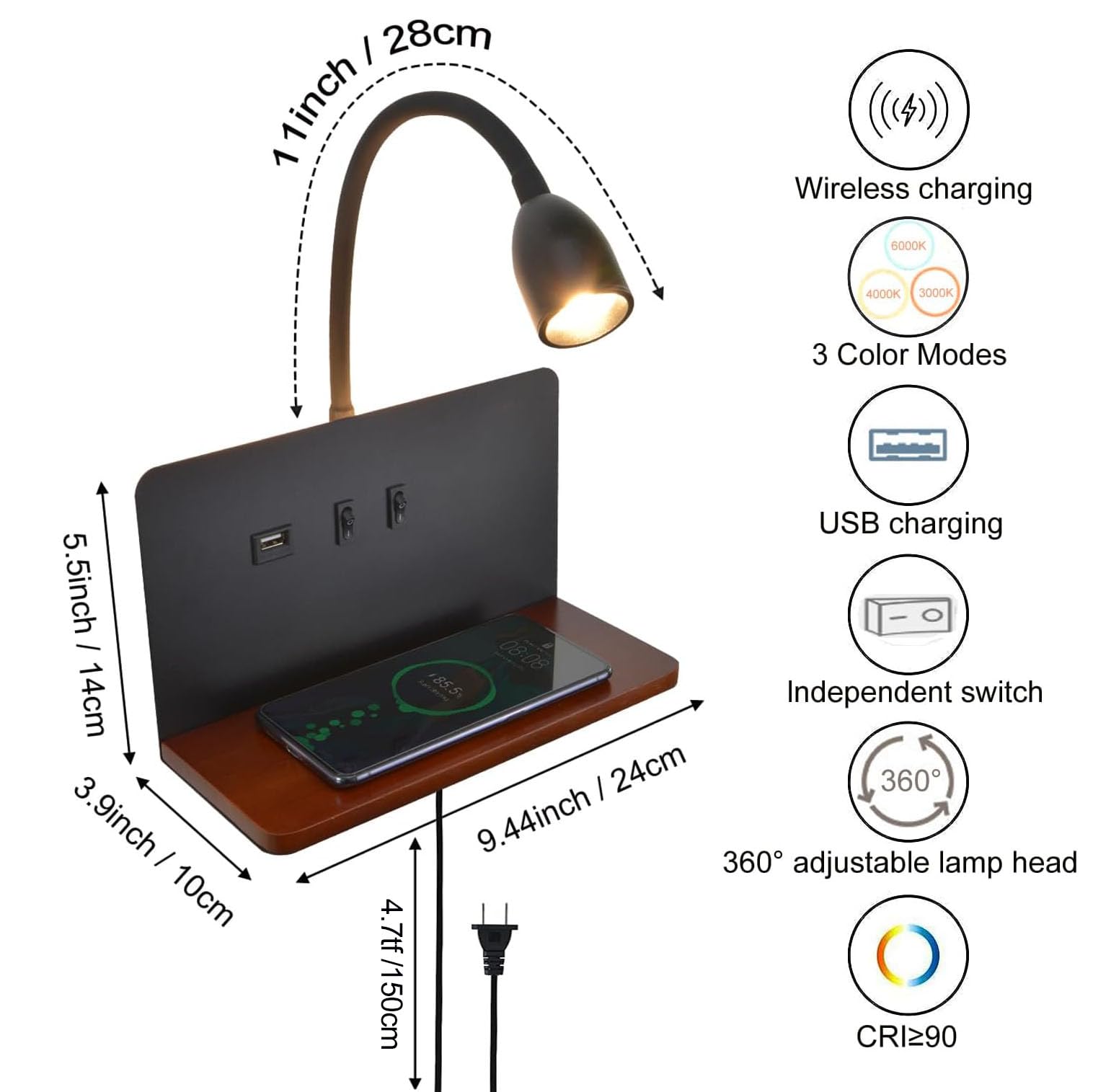 Wireless Charging Wall Sconce with USB Port - Dimmable Gooseneck Reading Light for Bedroom, 3000K Warm White Backlight Headboard Lamp with Plug-in Cord | Perfect for Night Reading, Bedside Lighting & Modern Home Decor