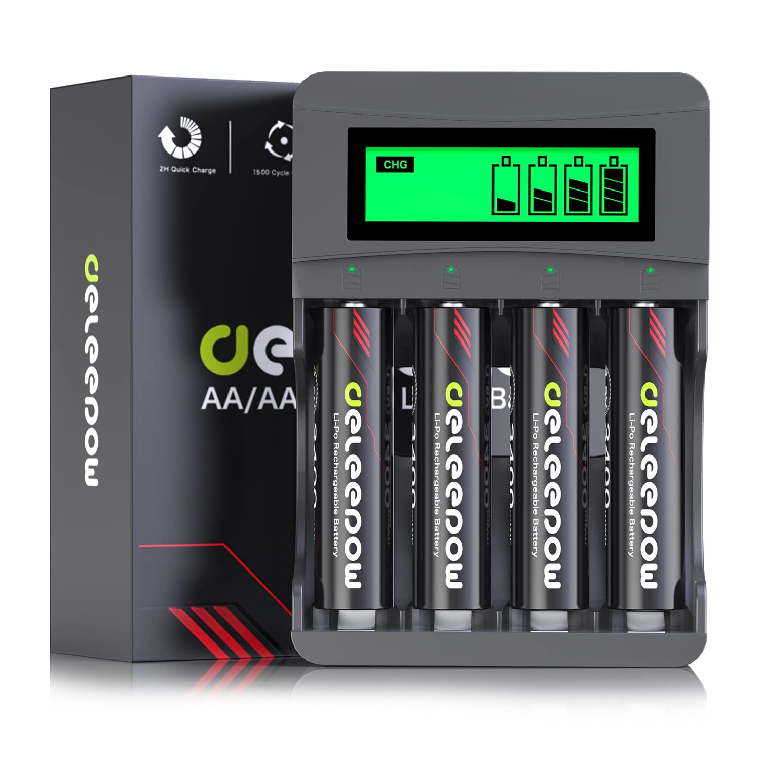Deleepow 1.5V Rechargeable AA Lithium Batteries 3400mWh 4-Pack with LCD Charger - 1500 Cycles for Cameras, Flashlights, Toys & Electronics - Long Lasting Power Solution