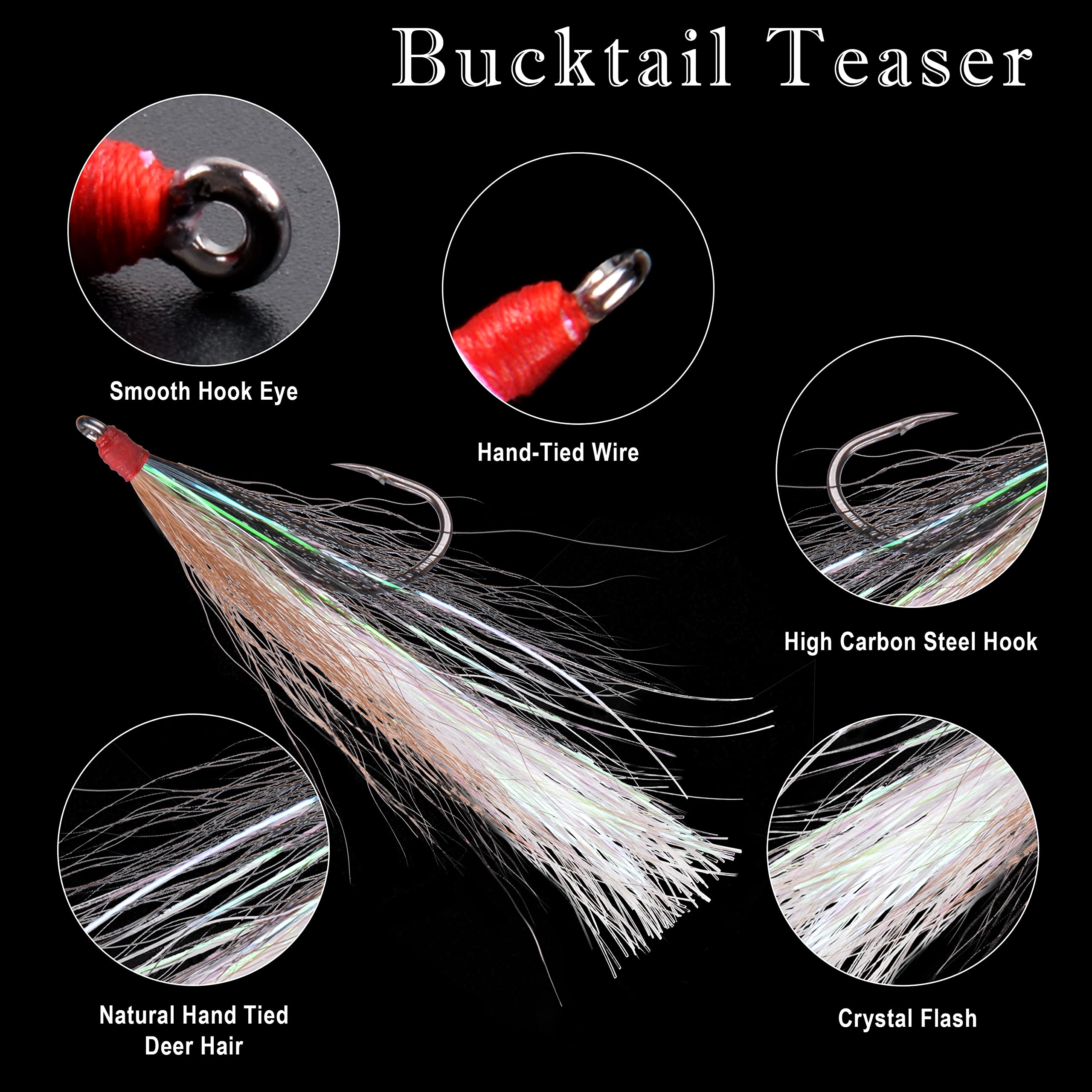 Saltwater Bucktail Teasers with Hook - 5 Colors for Flounder, Salmon, Trout & Bass - Perfect for Deep Sea Fishing
