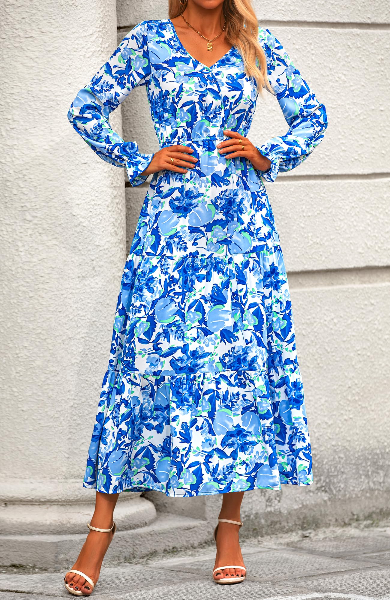 BTFBM Women's Floral Boho Maxi Dress 2025 - Long Sleeve V-Neck Casual Spring Dress for Wedding Guest, Beach, Party & Everyday Wear