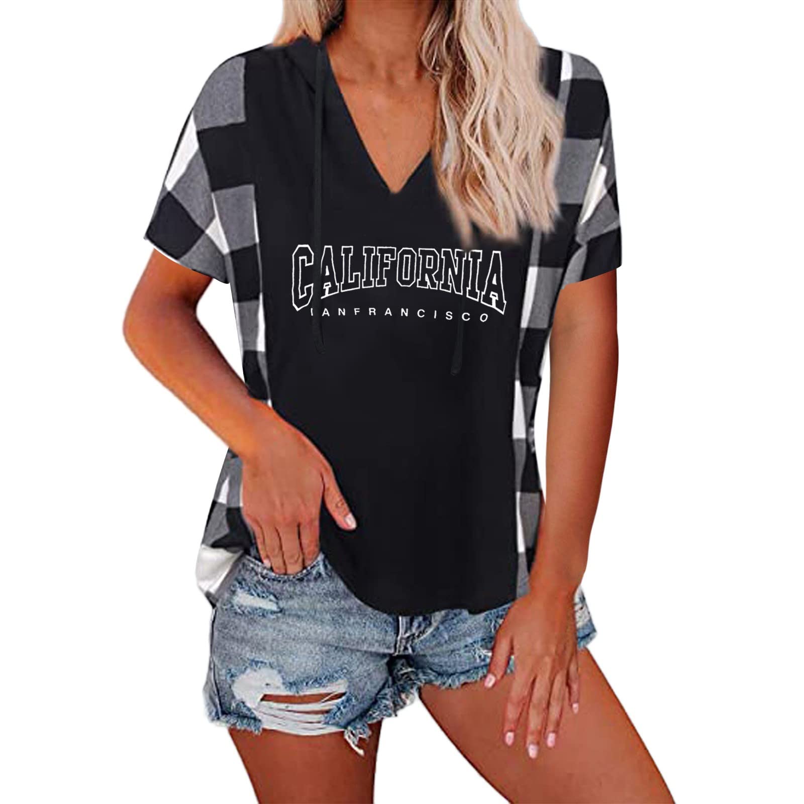 Women's Casual Printed V-Neck Short Sleeve Loose Hoodie with Pocket - Soft Pullover Hooded Sweatshirt for Everyday Wear | Perfect for Spring Outfits, Lounge Wear & Casual Street Style