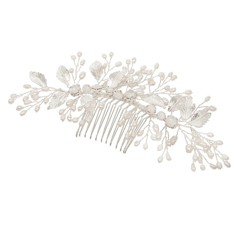 Elegant Silver Bridal Hair Comb with Opals and Pearls - Handcrafted Wedding Hair Accessory for Brides, Prom, and Special Occasions