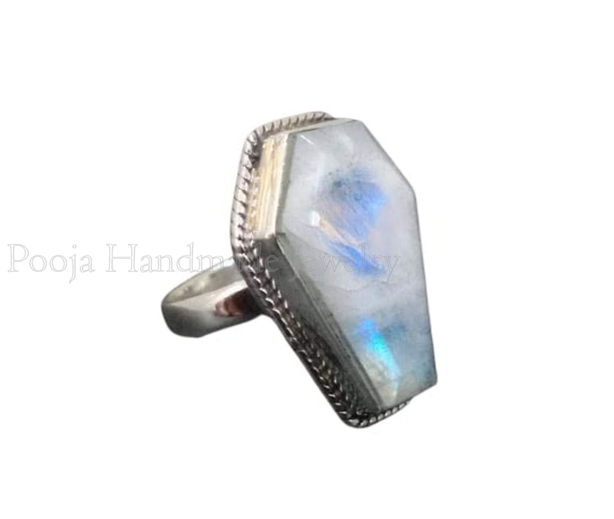 Rainbow Moonstone Coffin Ring - 925 Sterling Silver June Birthstone Ring for Women, Dainty Blue Fire Moonstone Promise Gift Ring | Perfect for Birthdays, Anniversaries & Special Occasions