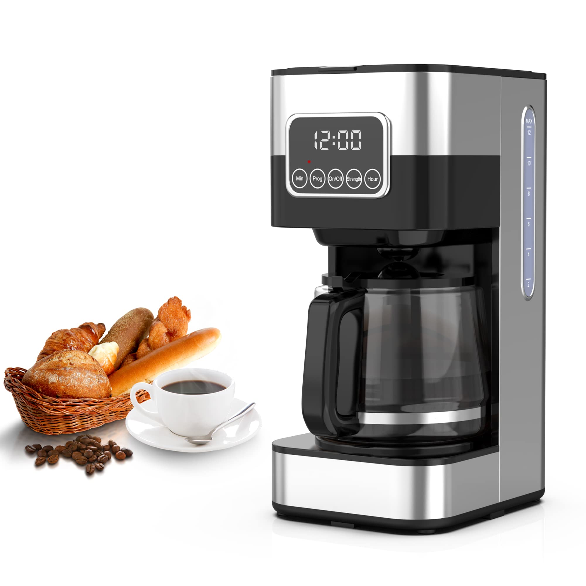Bemona 10-Cup Drip Coffee Maker with Glass Carafe & Permanent Filter - Auto Keep Warm, Water Level Window, Easy to Use Black Coffee Machine for Home, Office & Breakfast Brewing