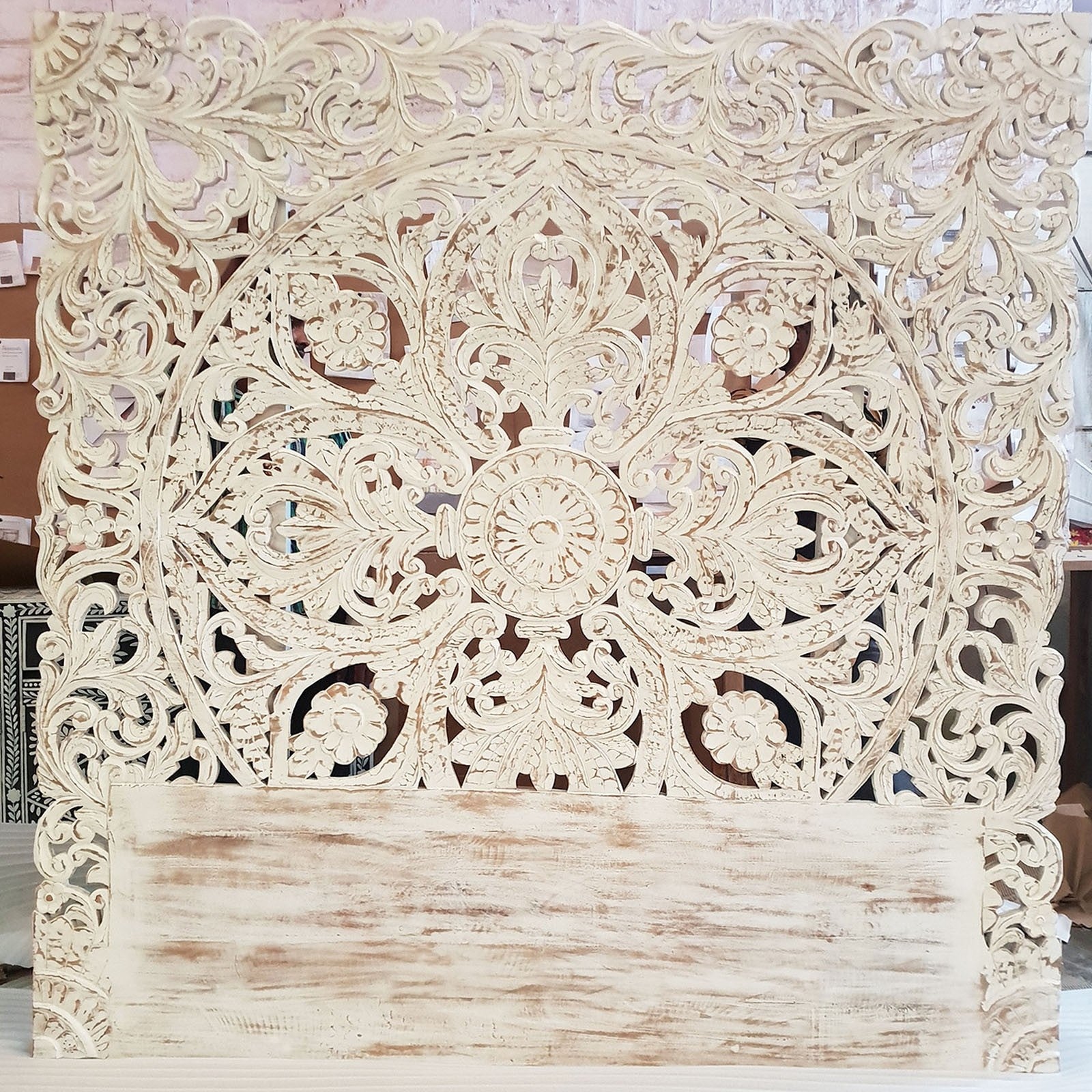 Handcrafted Dynasty Carved Wooden Wall Panel Bed Headboard - White Rustic King Size 200cm - Perfect for Farmhouse, Cottage & Vintage Bedroom Decor