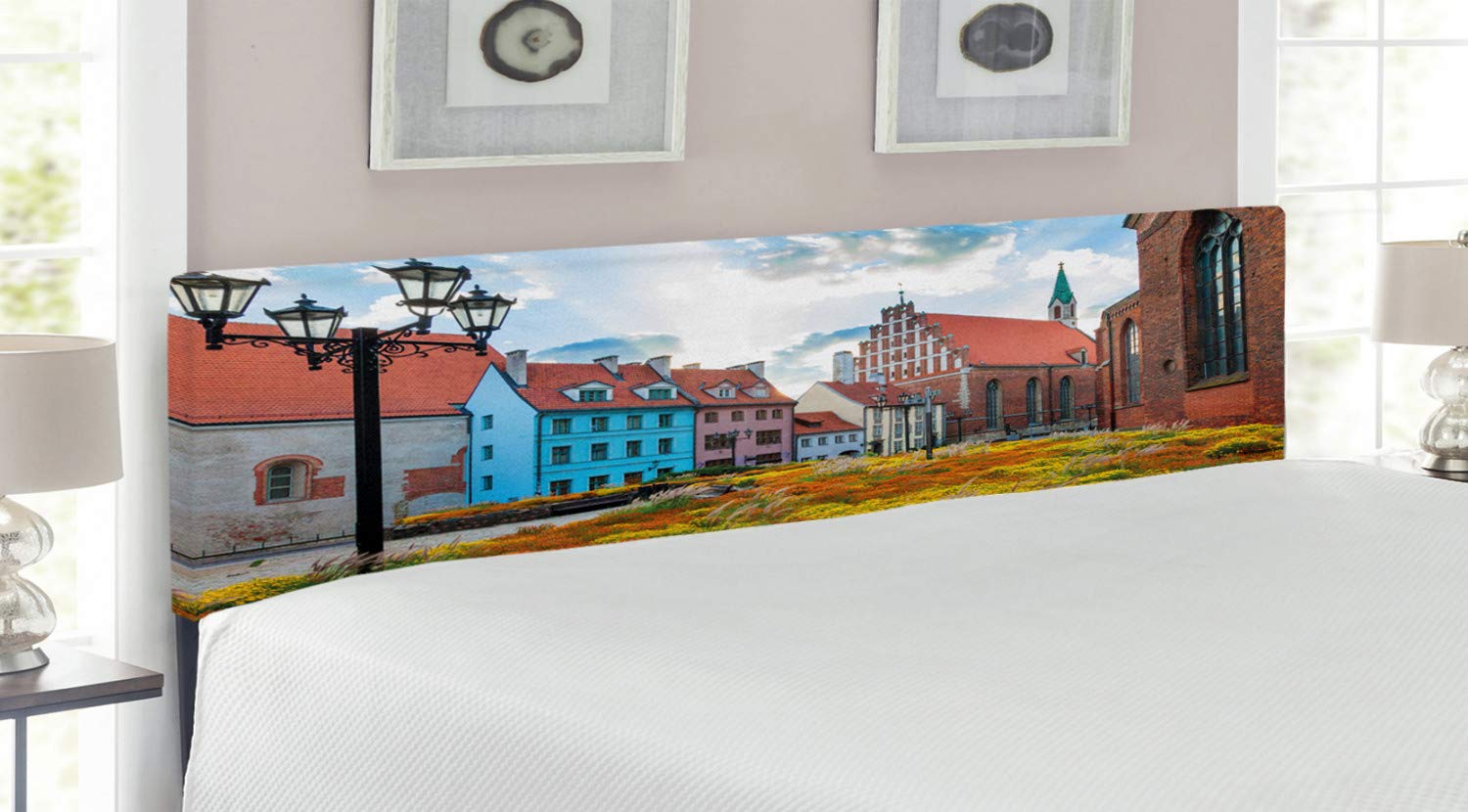 Ambesonne Victorian Upholstered Headboard - King Size Decorative Metal Bed Frame with Memory Foam, Old City Riga Latvia Medieval Town Print | Perfect for Master Bedroom, Guest Room & Victorian Style Home Decor