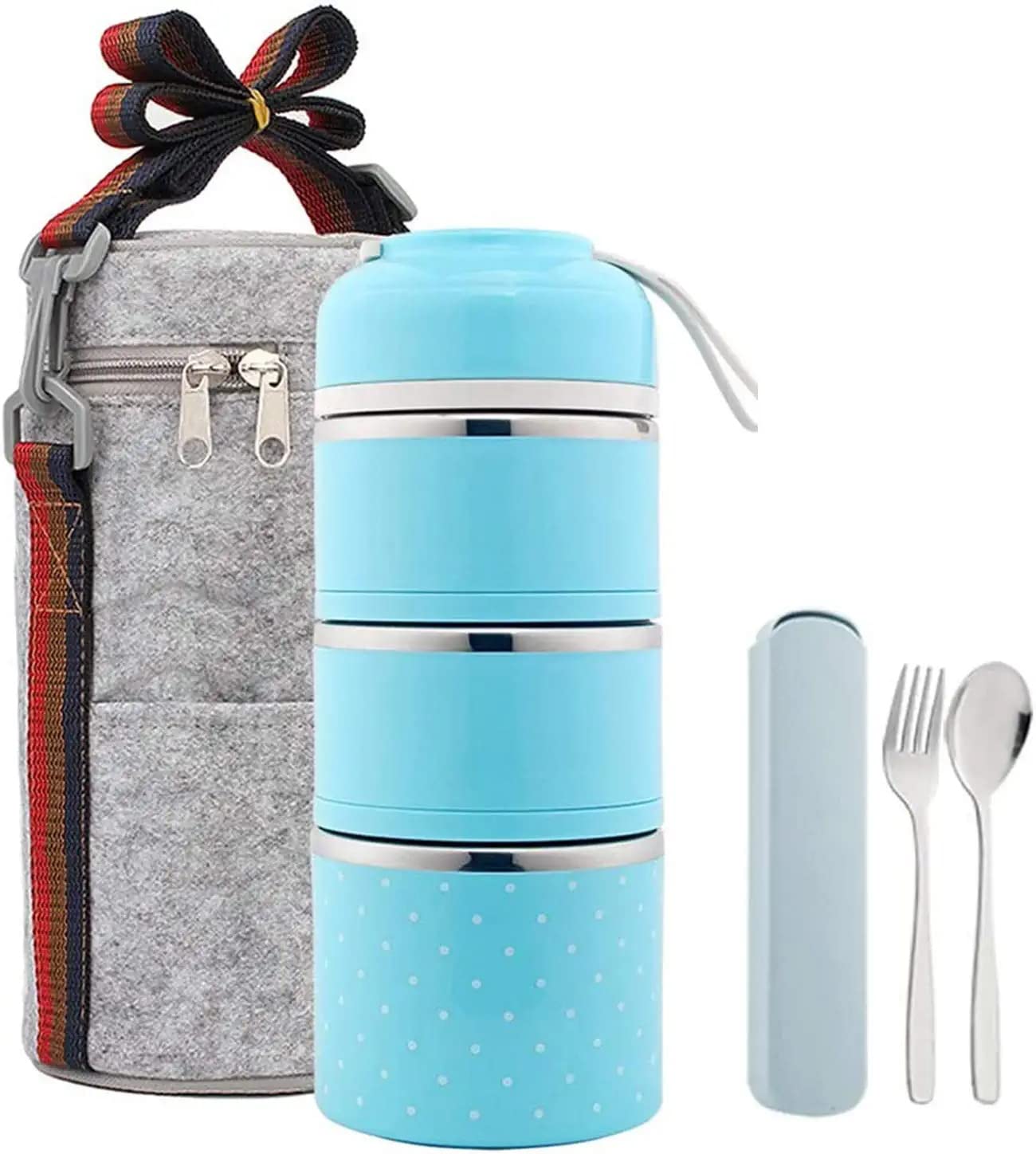 Stainless Steel Bento Lunch Box - 3-Tier Stackable Thermal Meal Prep Container with Insulated Lunch Bag & Folding Spoon | BPA-Free for Adults, School & Office | Perfect for Healthy Meal Prep, Work Lunches & Picnics (Blue)