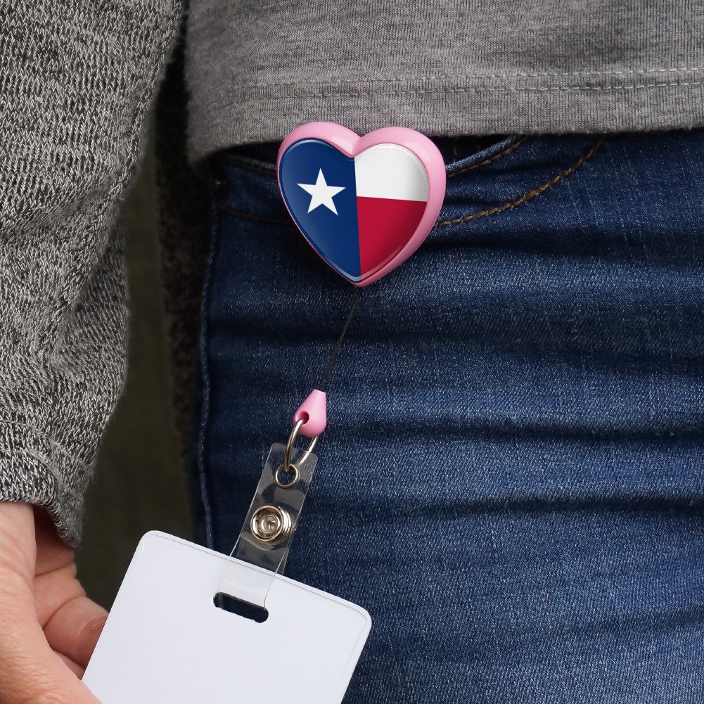 Texas State Flag Heart Lanyard with Retractable Reel & ID Badge Holder - Pink | Perfect for Teachers, Nurses, Office Workers & Event Staff