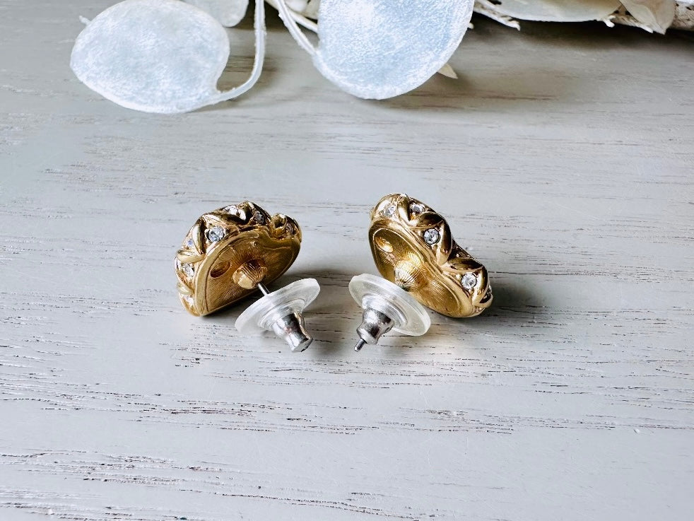 Vintage Swarovski Crystal Heart Earrings - 1980s Designer Post Stud Jewelry with Gold Gem Border & Sparkling Diamond Accents | Perfect for Valentine's Gifts, Anniversary Presents & Special Occasions