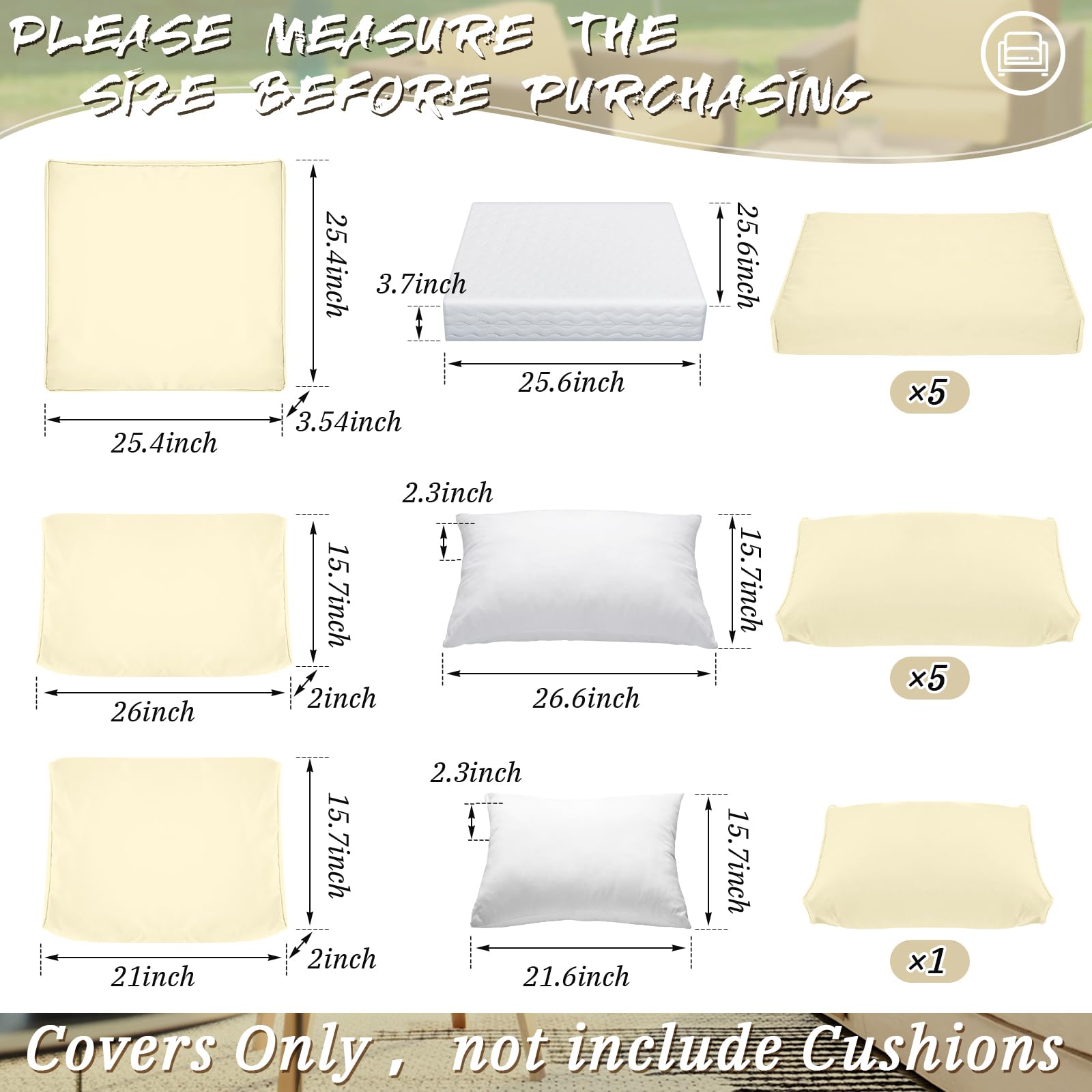 Patelai 11-Piece Outdoor Sectional Cushion Covers - Waterproof Patio Furniture Slipcovers for Sofa & Couch (3 Sizes, Beige) - Perfect for Backyard, Deck, Poolside & Garden Furniture Protection