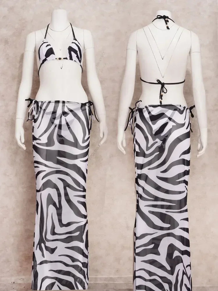 EDOLYNSA Sexy Zebra Stripes 3-Piece Bikini Set - Triangle Top & Skirt Cover Up Swimwear for Women | Summer Beach Vacation, Pool Party & Tropical Getaway