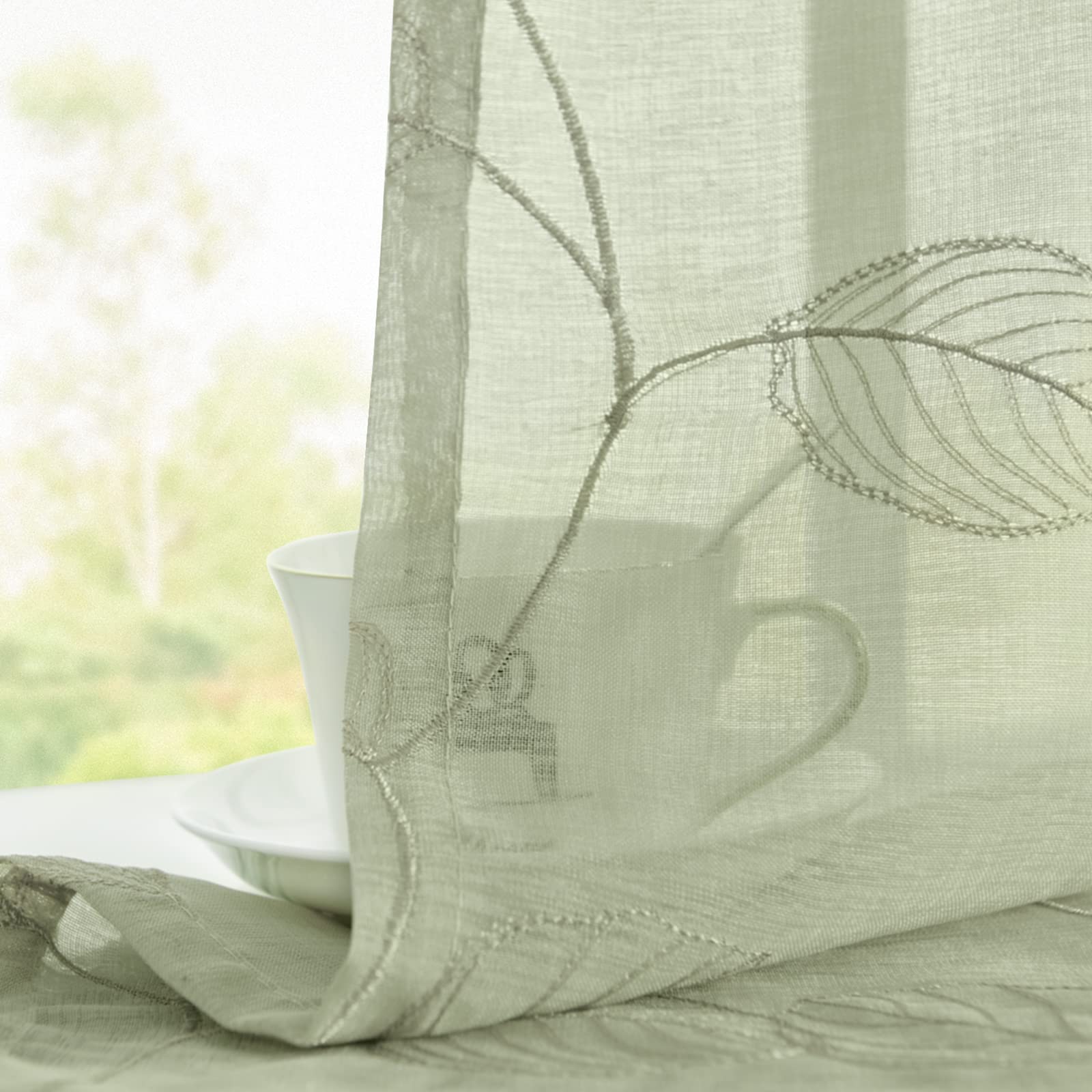 Sage Green Sheer Leaf Embroidered Voile Kitchen Valance - Farmhouse Style Window Curtain with 18 Inch Rod Pocket, Semi-Sheer Design for Kitchen, Living Room & Bedroom Decor