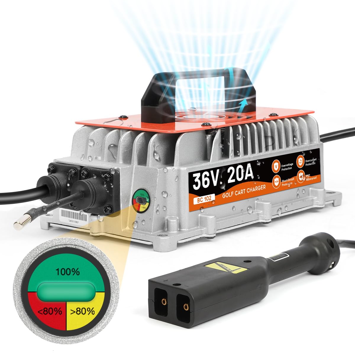 36V EZGO TXT Golf Cart Battery Charger - 20AMP Fast Charging, 1250W Smart Charger with IP67 Waterproof Rating & 16Ft Cable for Lead-Acid Batteries | Perfect for Golf Courses, Resorts & Private Clubs