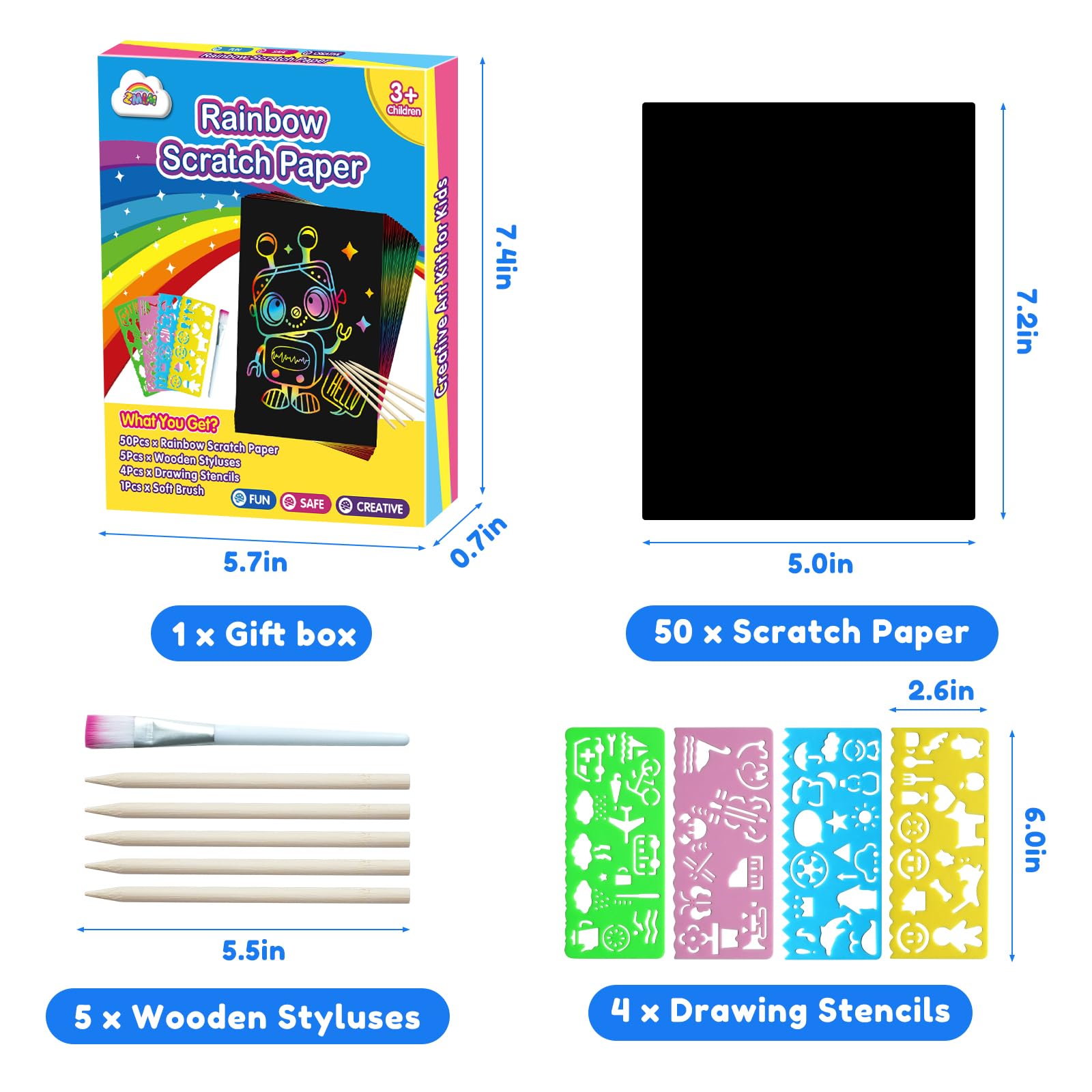 60PCS Rainbow Scratch Paper Art Kit - Easter Basket Stuffers & Birthday Gifts for Kids Ages 4-12 | Creative Art Activities for Boys & Girls | Fun Party Favors & Classroom Crafts (Blue)
