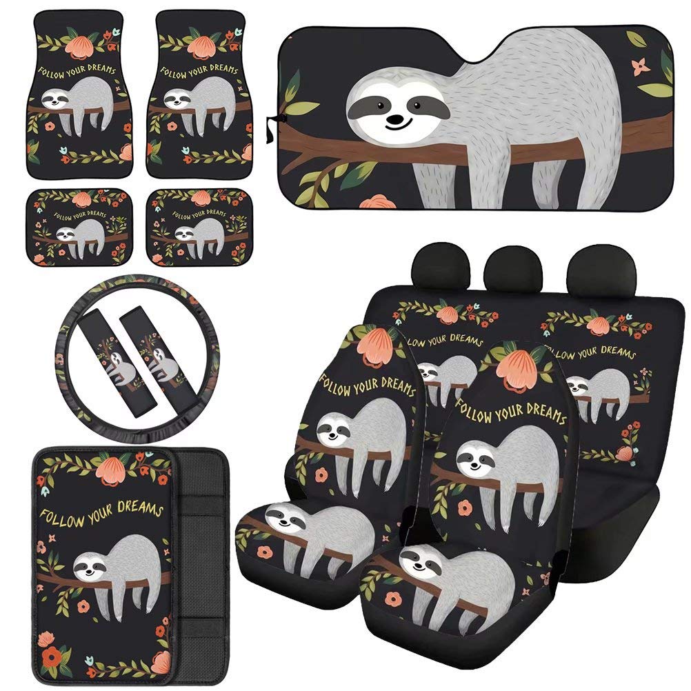 BIGCARJOB Sloth Car Accessories Set - 13-Piece Custom Floor Mats, Seat Covers, Steering Wheel Cover & Windshield Shade for Cars - Funny Sloth Design, Durable & Non-Slip - Perfect for Road Trips & Gifts