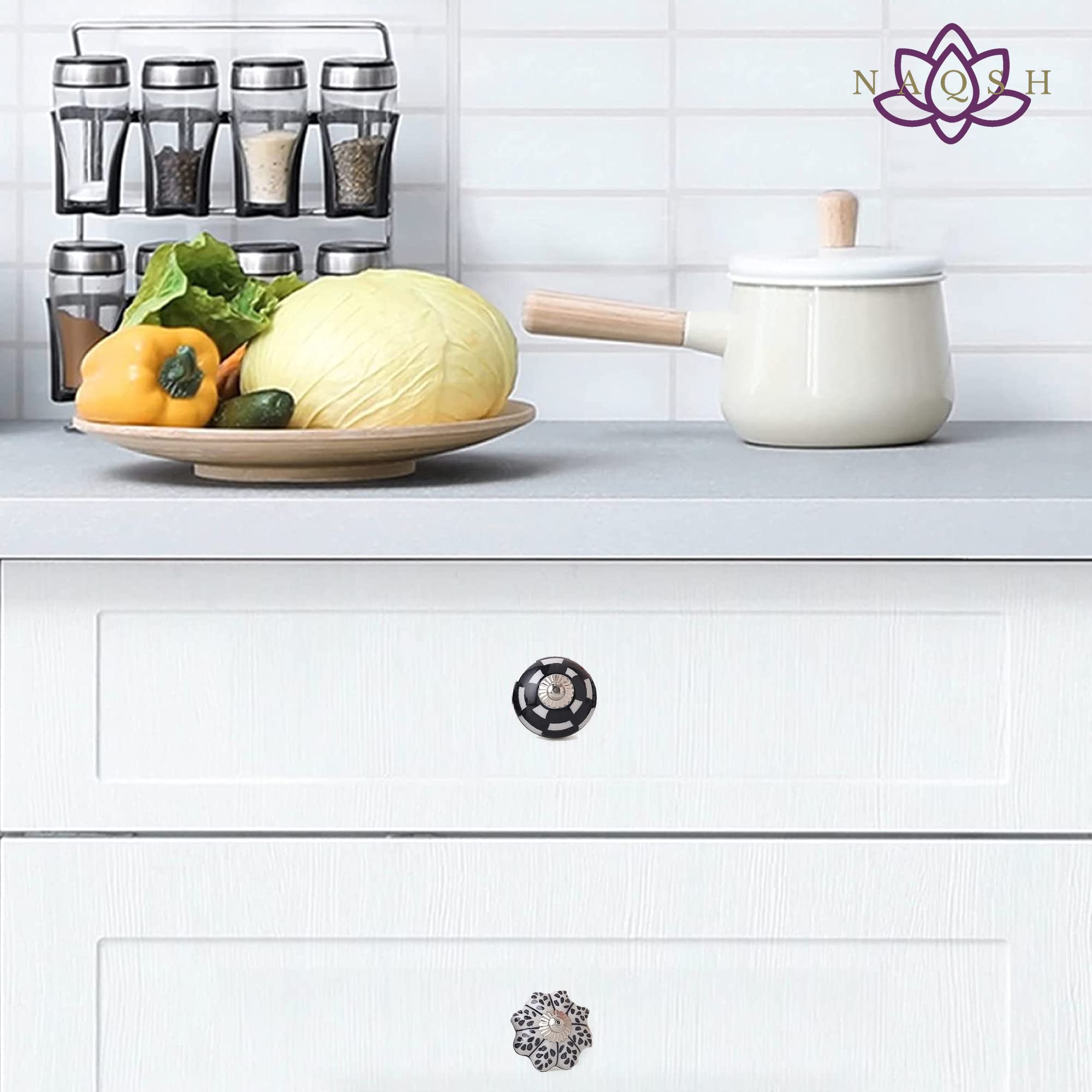 Handpainted Ceramic Drawer Knobs - Black & White Cabinet & Dresser Pulls for Kitchen, Office & Furniture (Pack of 12) - Perfect for Home Decor, DIY Projects & Cabinet Upgrades