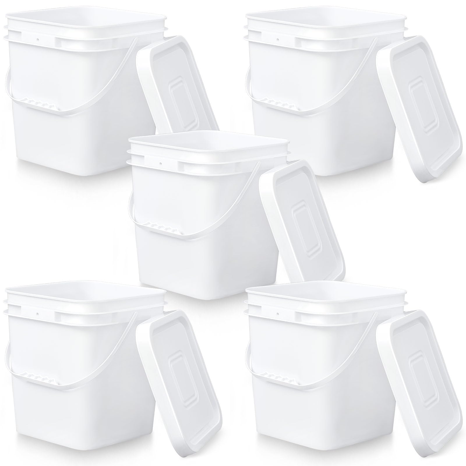 Mumufy 5-Pack 3.5 Gallon Square Food Grade Plastic Buckets with Lids & Handles - Airtight Storage for Dry Food, Charcoal, Camping Gear, Fishing Supplies (White) - Perfect for Kitchen Pantry, Outdoor Adventures & Bulk Food Organization